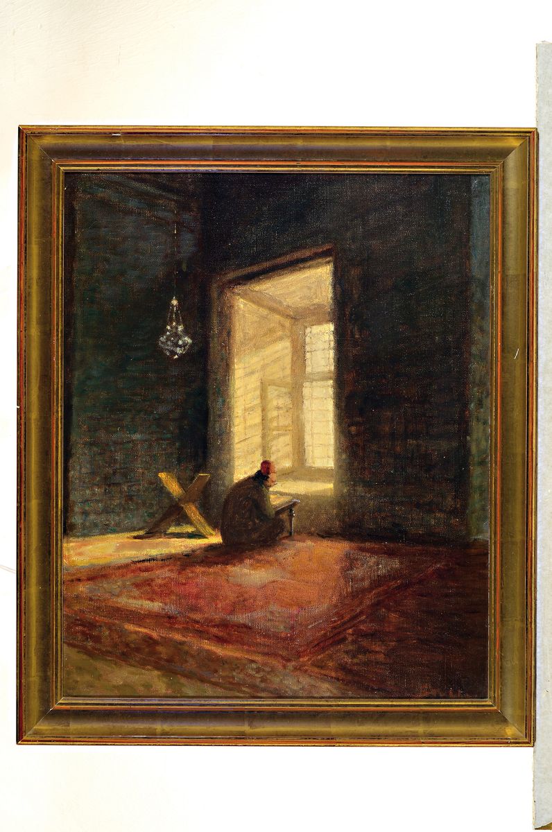 Detail k: Unbekannter Künstler des frühen 20. Jh., im Koran lesender Mann vor dem Fenster eines großen Gebäudes, Öl/Malkarton, rechts u. unleserlich ...