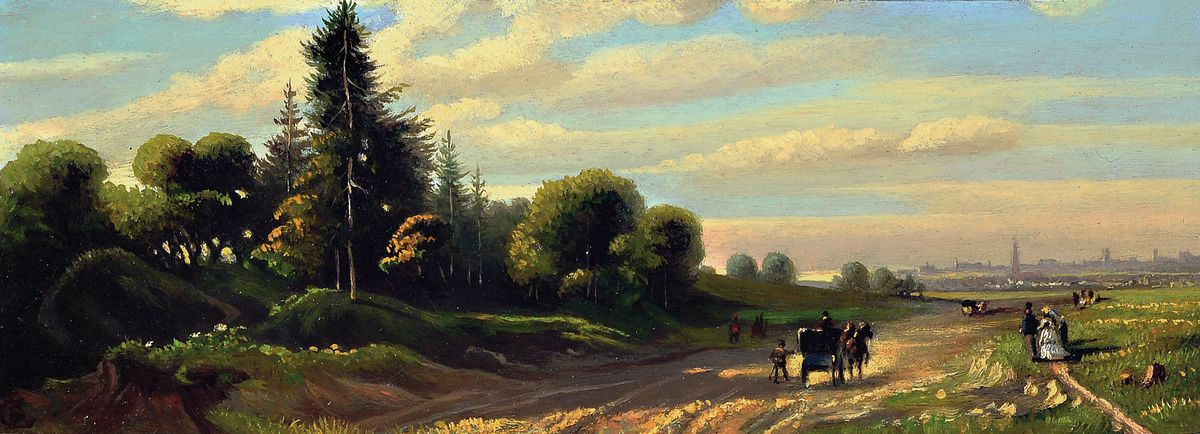 Carl August Lebschée, 1800-1877, Landschaft mit Baum bestandenem Feldweg, Kutsche und Personen, im Hintergrund eine Ortschaft, Öl/Holz, feine ...