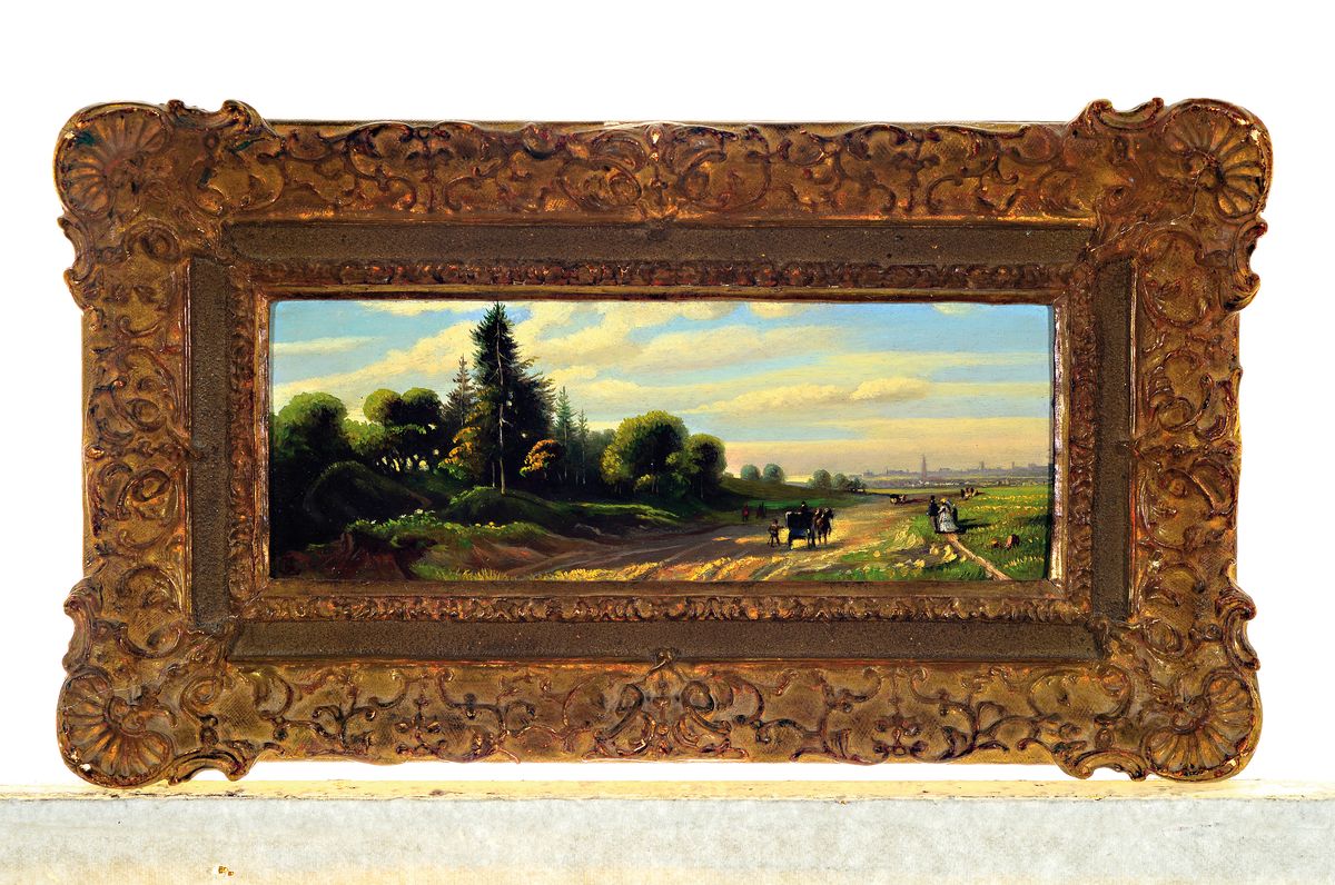 Detail k: Carl August Lebschée, 1800-1877, Landschaft mit Baum bestandenem Feldweg, Kutsche und Personen, im Hintergrund eine Ortschaft, Öl/Holz, feine ...