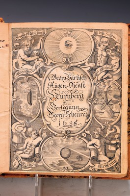 Image 26734452 - Ophthalmology: Georg Bartisch (1535-1607): Augen-Dienst. Bericht von allen und jeden in- und äusserlichen Mängelns, Schäden, Gebrechen und Zufällen der Augen, Sulzbach, Abraham Lichtenthaler, Sulzbach, Abraham Lichtenthaler 1686, 426 p. + index, with all 48 full-page copper plates (2 folding plates), title copper, title vignette, initials, slightly rest., browned, partially stained, triangular red cut, gold-embossed half-leather binding slightly damaged, nice copy, later edition of the first German-language manual on ophthalmology with full-page illustrations of devices, treatments, diseases and findings