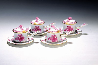 Image 26734485 - 10 cream pots with lids and saucers, Herend Hungary, Apponyi purple decor, porcelain, golddecoration, height approx. 9cm each