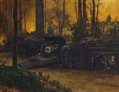 Image 26734487 - Signed Wohl Charling, Karlsruhe School, dated 1916, #"German gun emplacement with field howitzer#", signed lower left and dated 1916, oil/wood panel, 41x54 cm, frame damaged, 61x71cm