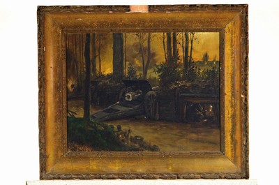 26734487k - Signed Wohl Charling, Karlsruhe School, dated 1916, #"German gun emplacement with field howitzer#", signed lower left and dated 1916, oil/wood panel, 41x54 cm, frame damaged, 61x71cm