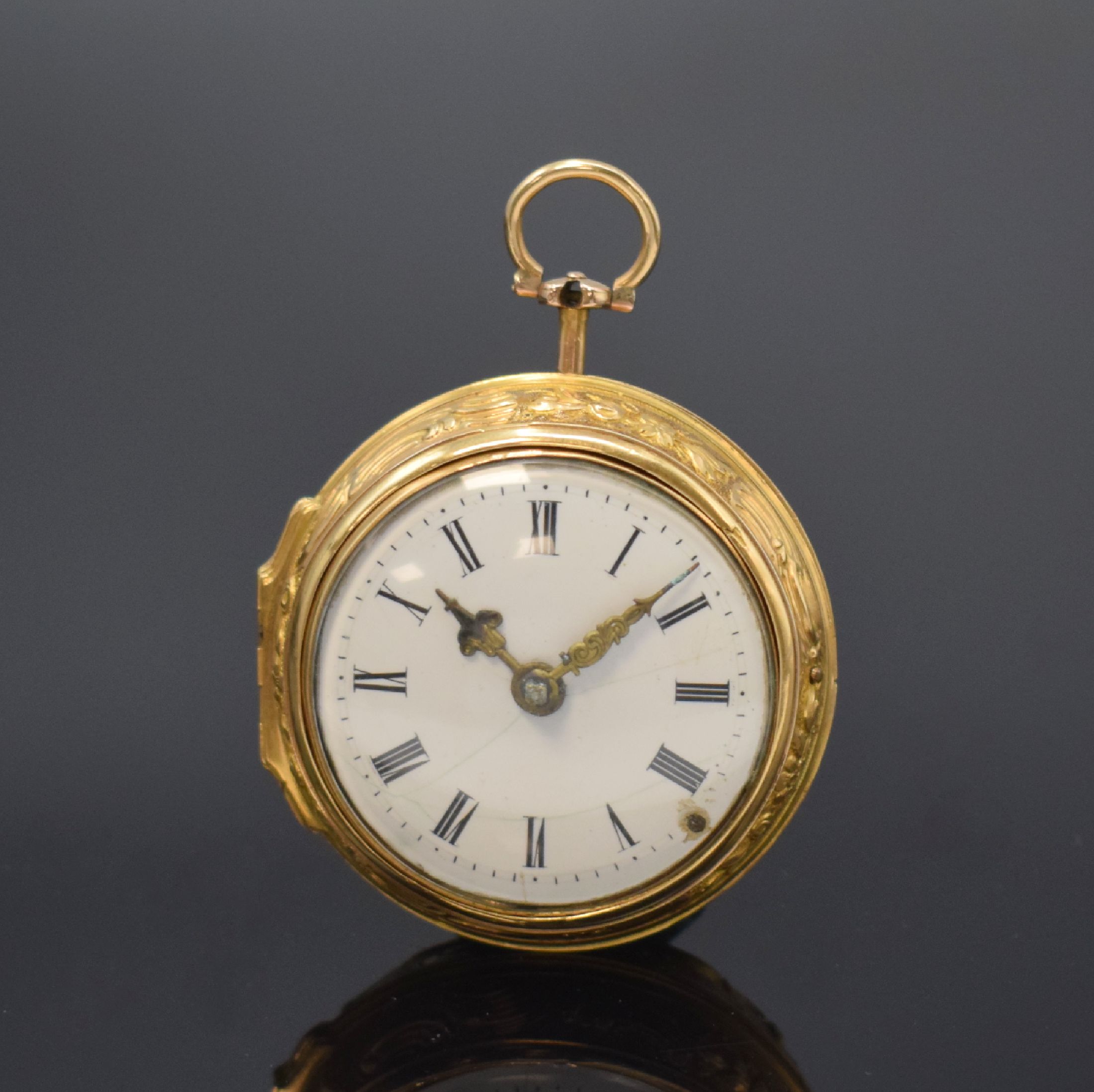 FRESHFIELD London Repoussé Spindeltaschenuhr in Gold, London Hallmark 1765, glattes Innengeh. dell., durchbr. Repoussé-Übergeh. m. großem ...