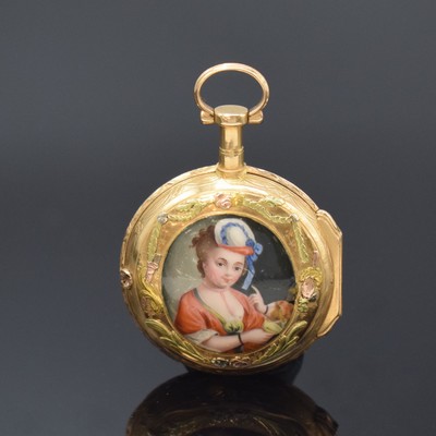 26734652a - L'EPINE Horloger du Roy enamel verge pocket watch in 18k four-color-gold, France around 1780, floral decorated case with big lateral hinge, rear site polychrom enamel-portrait of a young lady, enamel dial light faulty, blued steel hands later, gold plated movement with chain and fusee, pierced and engraved balance bridge, diameter approx. 42 mm, condition 2-3