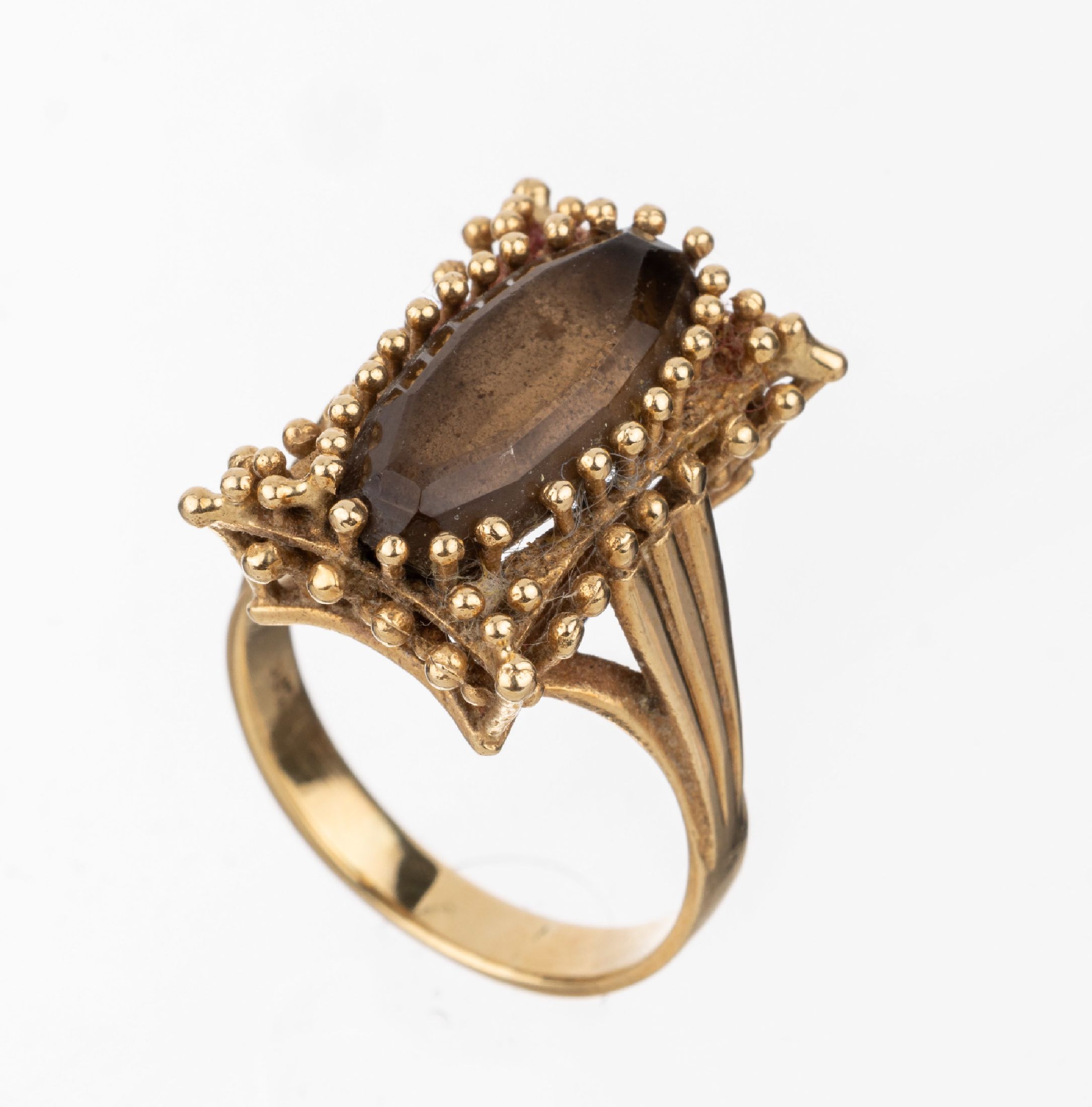 14 kt Gold Rauchquarz-Ring, GG 585/000, abstrakte Gestaltung mit ovalfacett. Rauchquarz, RW 61, ca. 10.7 g
