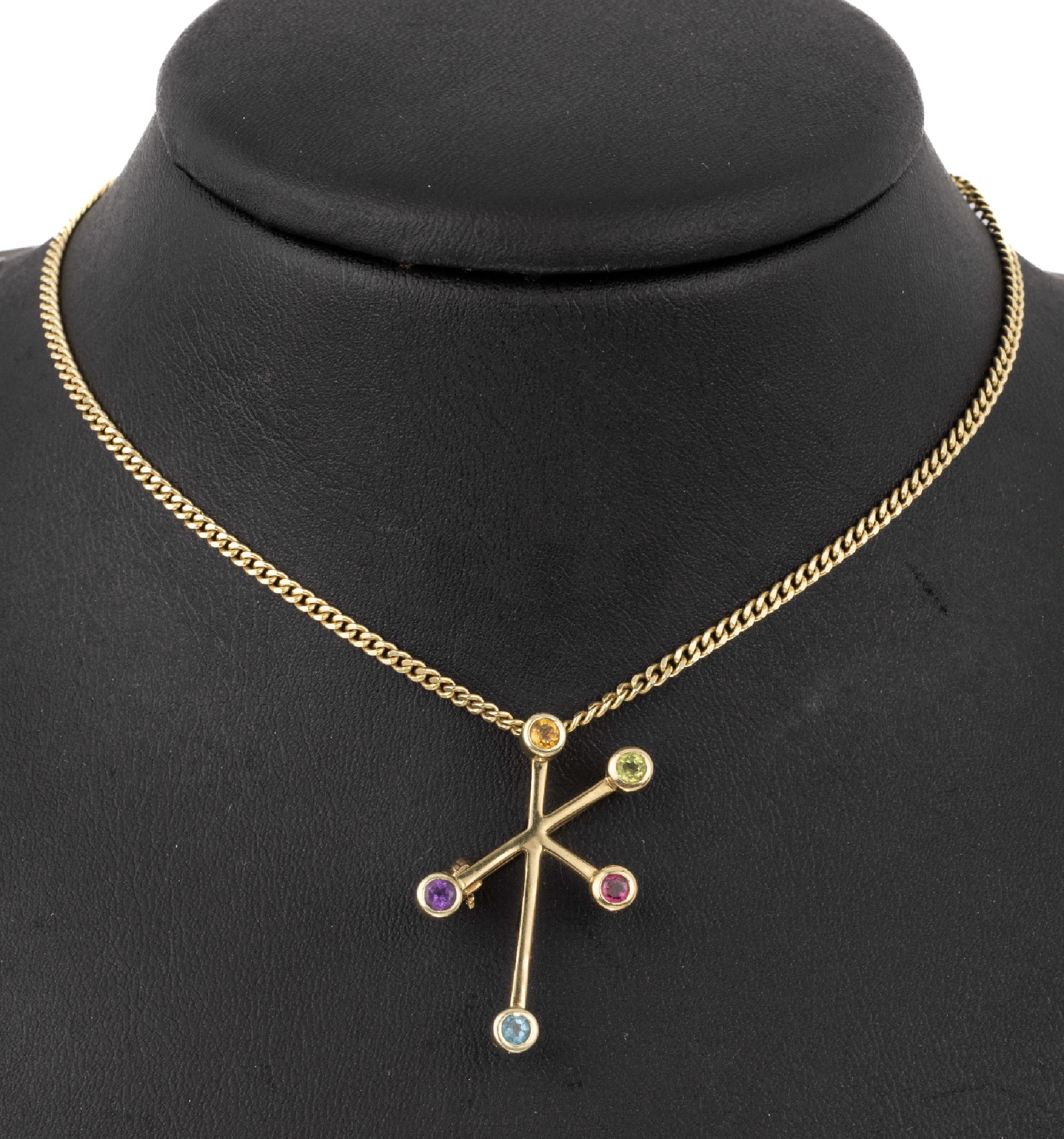 14 kt Gold Farbstein-Anhänger/Brosche, GG 585/000 mit 14 kt Gold Kette, GG 585/000, Topas, Amethyst, Citrin und Turmalin zus. ca. 0.50 ct, ca. 12.6 ...