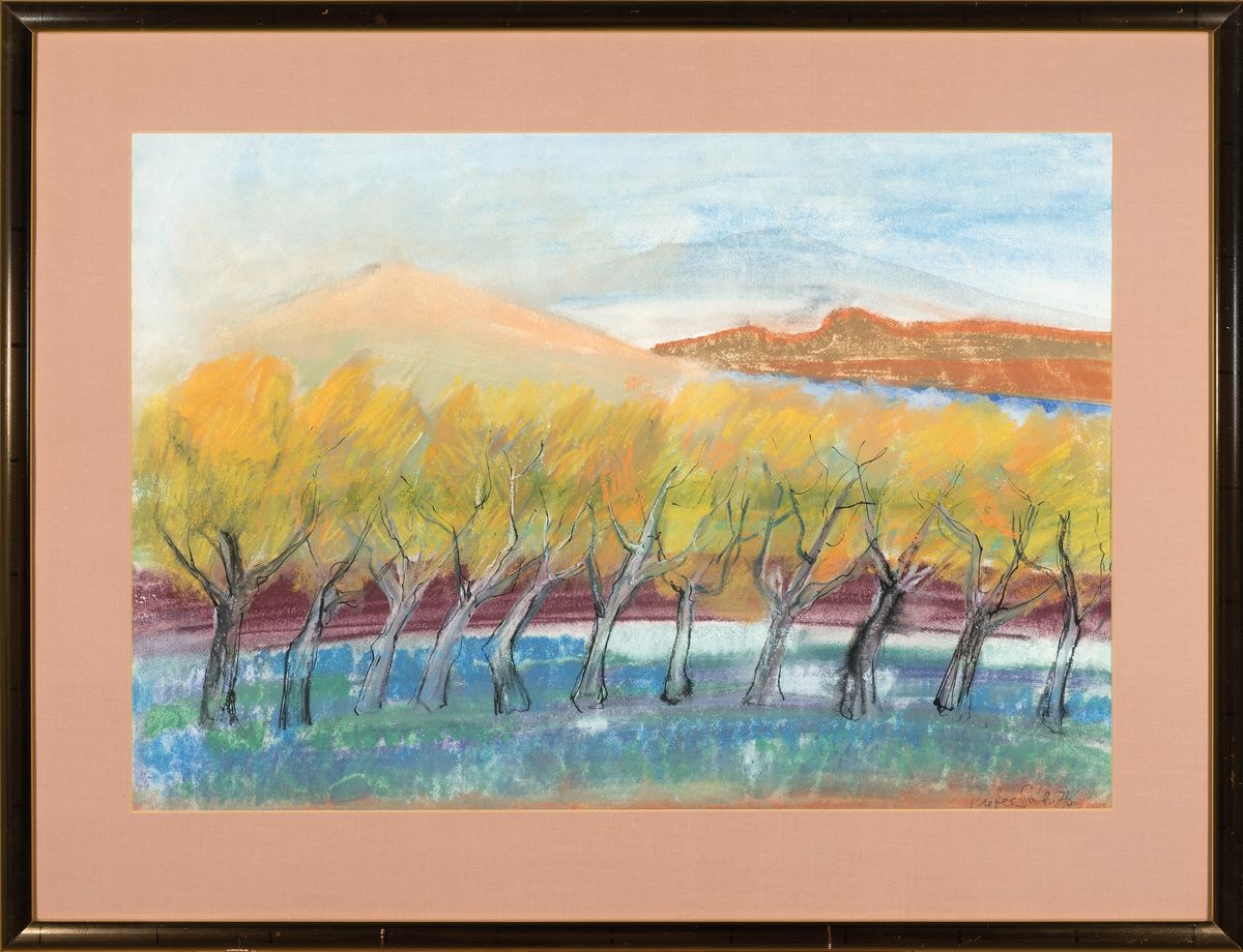 Detail k: Pieter Sohl, 1933 Mannheim-2018, Landschaft mit Kopfweiden, Aquarell und Gouache, sign., ca. 51x76cm, PP, u.Gl., R. ca. 73x95cm