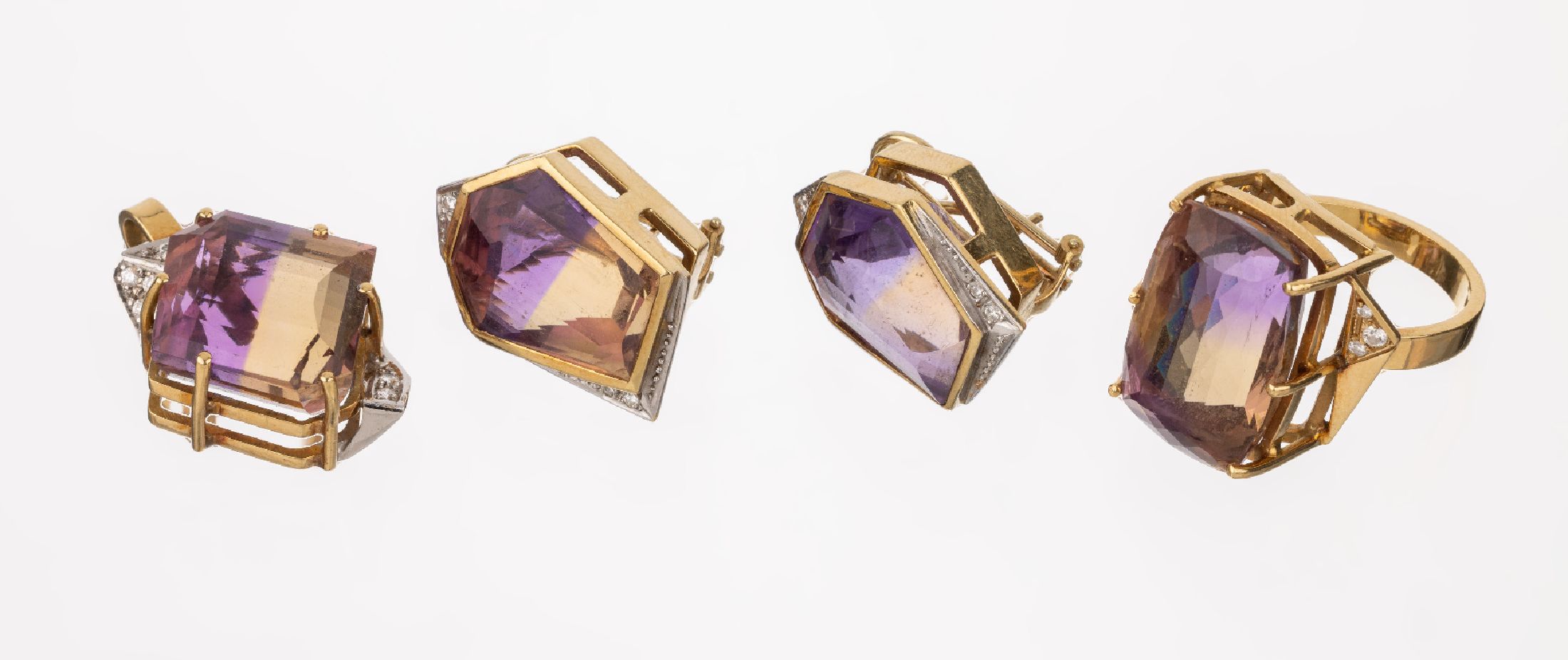 18 kt Gold Ametrin-Brillant-Schmuckset, GG 750/000, best. aus: 1 Ring, RW 63, Ametrin im Treppenschliff ca. 26.74 ct, 6 Brillanten zus.ca. 0.14 ct ...