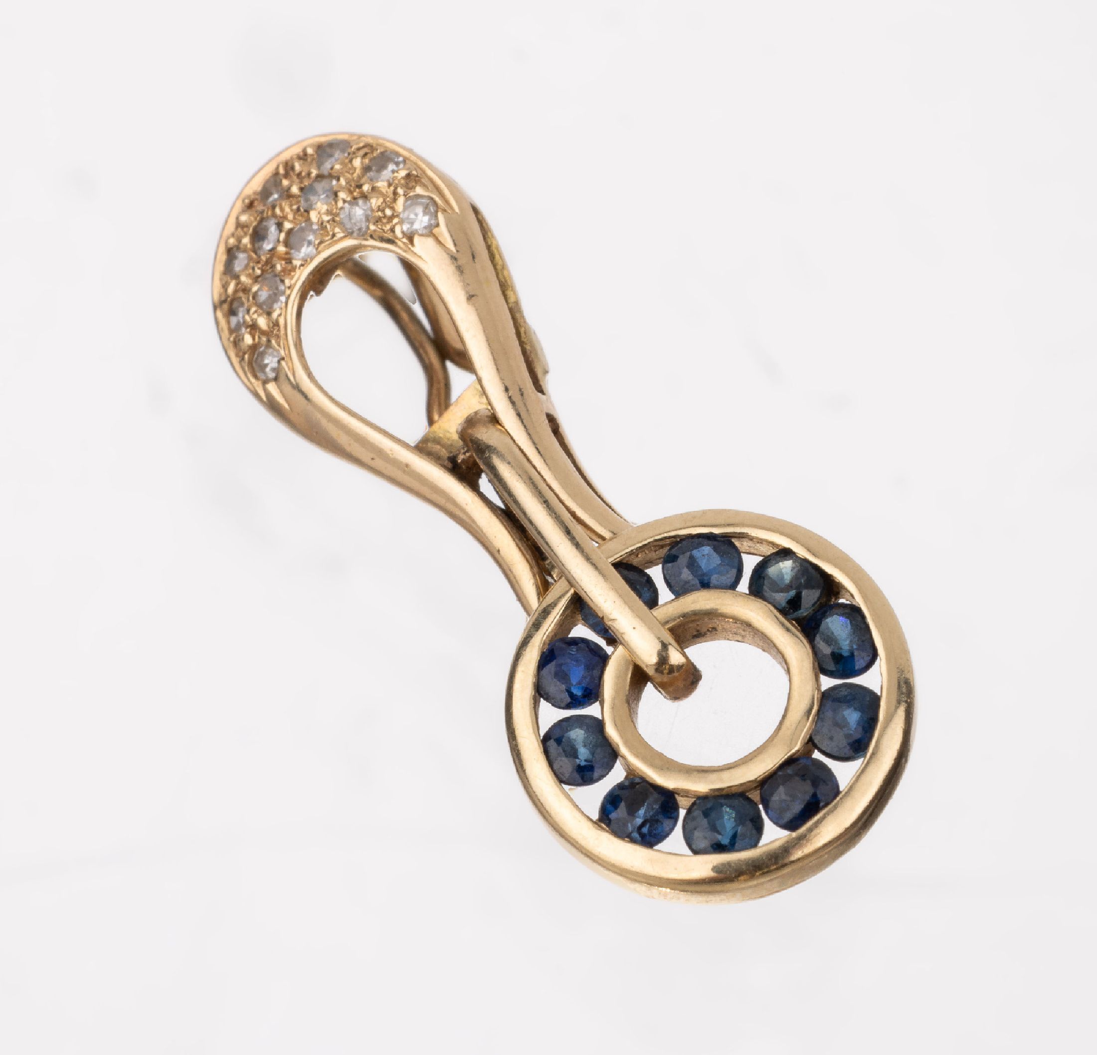 14 kt Gold Diamant-Saphir-Clipanhänger, GG 585/000, 12 kl. 8/8-Diamanten, drehbares Element mit kl. rundfacett. Saphiren, ca. 2.3 g