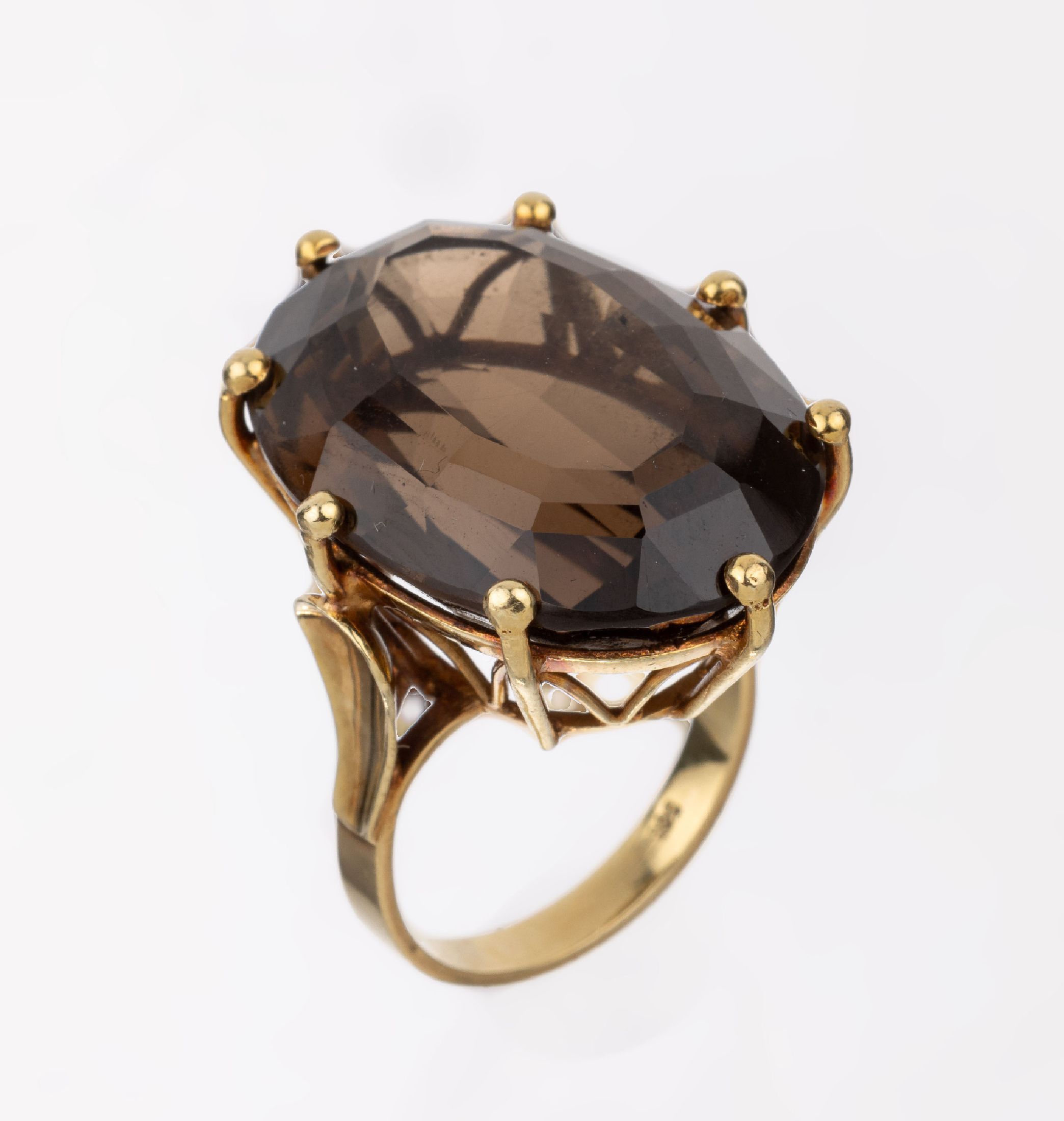 14 kt Gold Rauchquarz-Ring, GG 585/000, 1950er-60er Jahre, gr. ovalfacett. Rauchquarz,RW 55, ca. 13.8 g