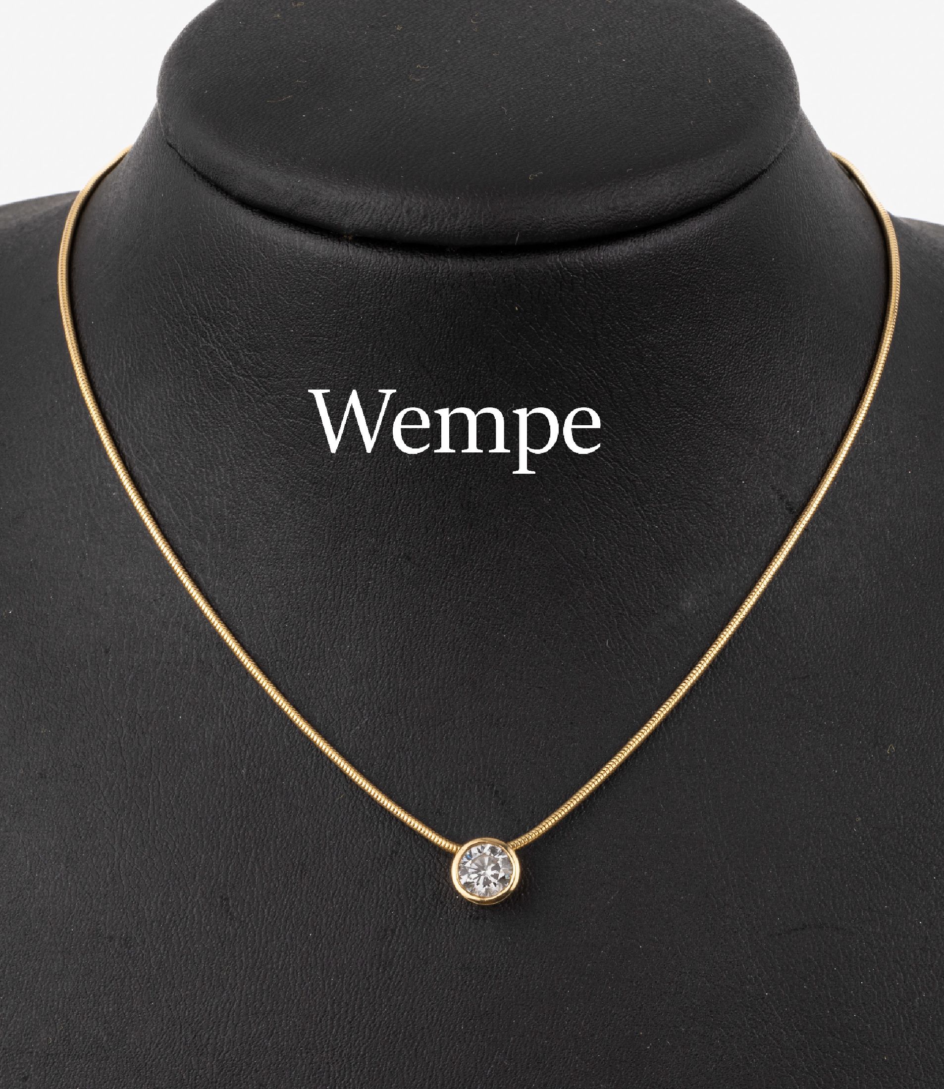 18 kt Gold WEMPE Brillant-Anhänger, GG 750/000, Brillant in Zargenfassung ca. 0.85 ct Weiß/si, sign., an Schlangenkette, GG 750/000, L. ca. 42 cm, ...