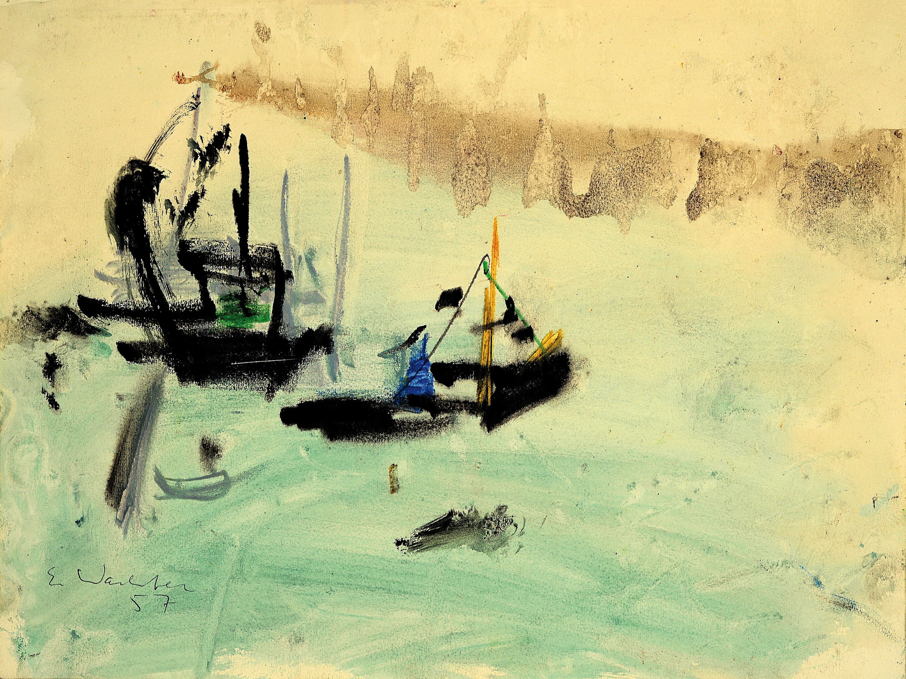 Emil Wachter, 1921 Neuburgweier-2012 Karlsruhe, 2 Aquarelle, Flusslandschaft mit Kähnen am Anleger, signiert und datiert 1957, ungerahmt 24x31 cm; ...