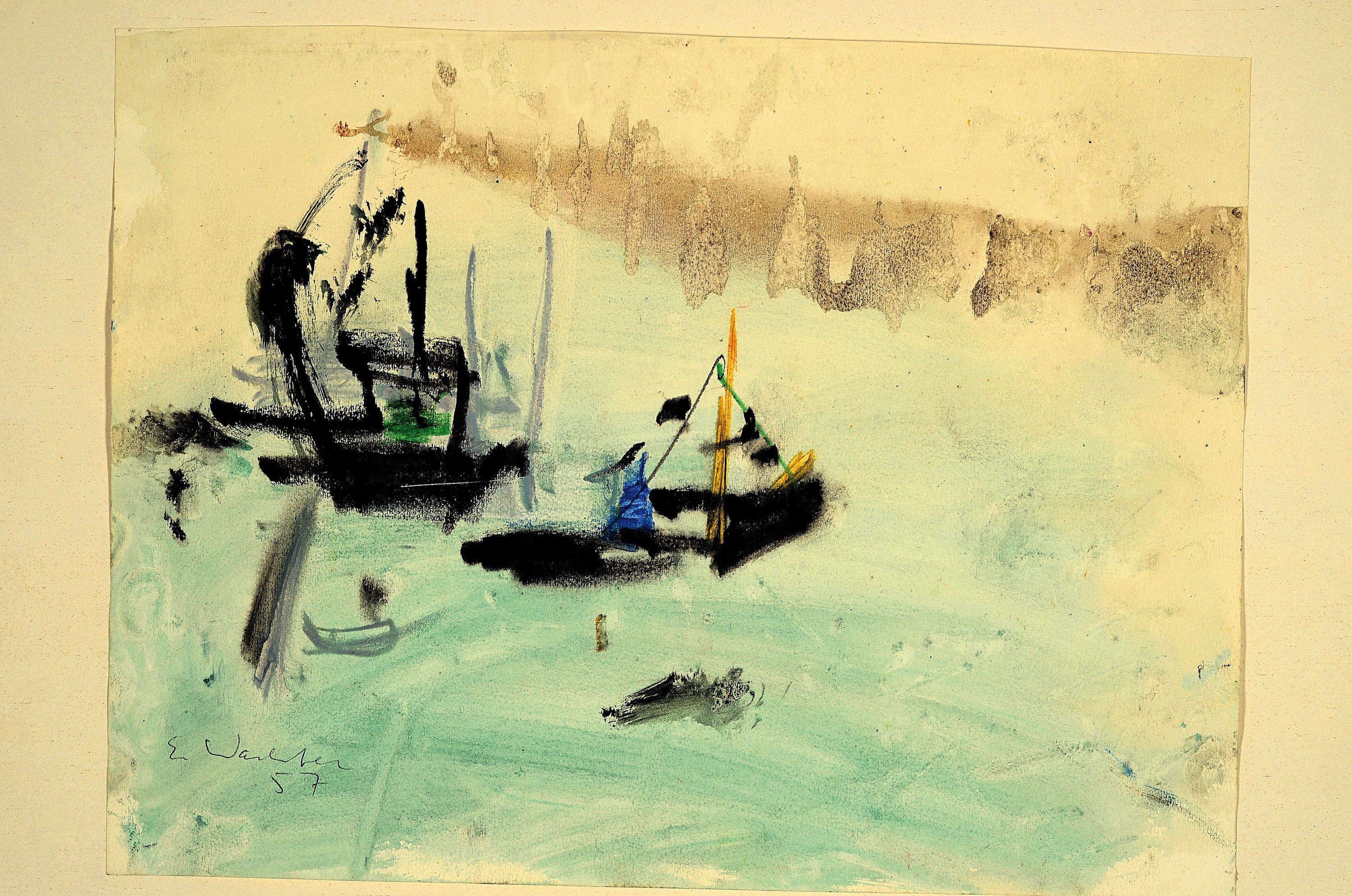 Detail k: Emil Wachter, 1921 Neuburgweier-2012 Karlsruhe, 2 Aquarelle, Flusslandschaft mit Kähnen am Anleger, signiert und datiert 1957, ungerahmt 24x31 cm; ...