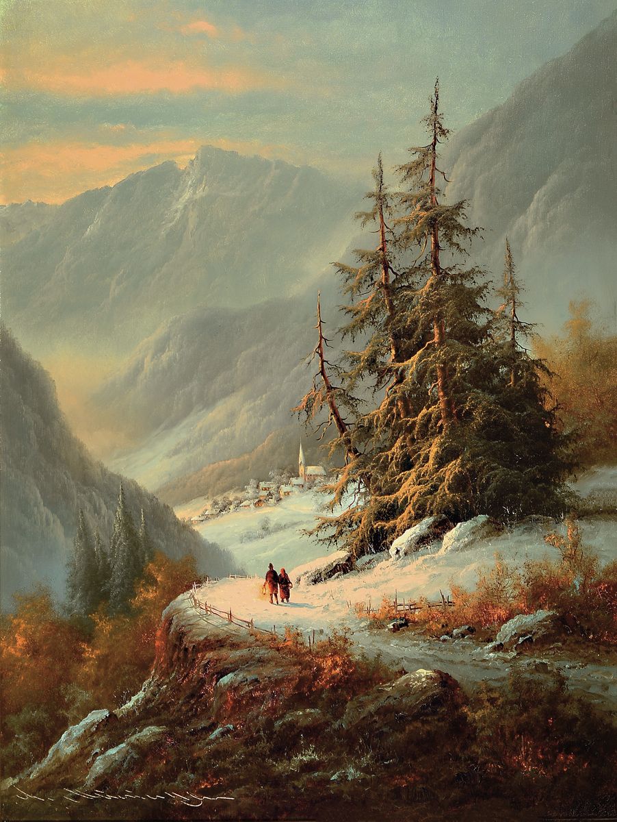 Ludwig Munninger, 1929-1997, Verschneite Gebirgslandschaft, ein Paar mit Laterne auf dem Heimweg, im Hintergrund eine Ortschaft, Abendstimmung, ...