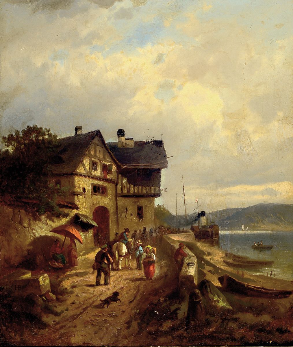 Heinrich Bürkel, 1802 Pirmasens-1869 München, Gasthaus am Flussufer, reiche Figurenstaffage in Richtung eines angelegten Raddampfers, links unten ...