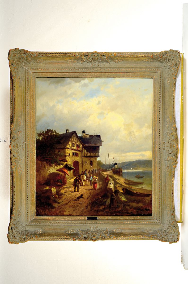 Detail k: Heinrich Bürkel, 1802 Pirmasens-1869 München, Gasthaus am Flussufer, reiche Figurenstaffage in Richtung eines angelegten Raddampfers, links unten ...