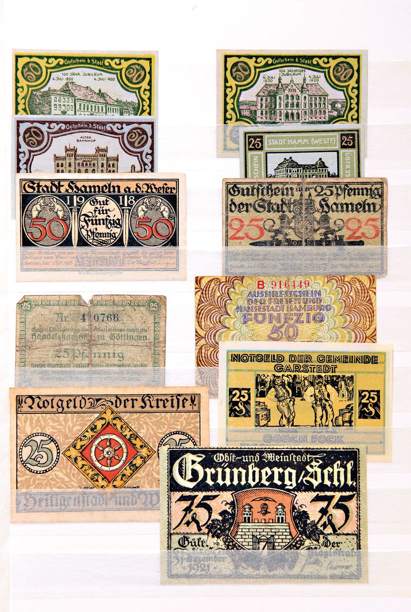 Sammlung aus 460 Notgeldscheinen, deutsch, 1920er Jahre, meist Norddeutschland bis Ostsee, Elberfeld, Harz und Sachsen, auch aus kleineren ...