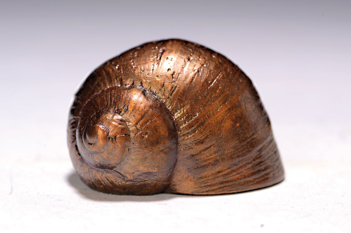 Detail k: Paul Wunderlich, 1927-2010, Skulptur Schnecke, signiert, mit Buch Labyrinhte das Werk von Paul Wunderlich, Schnecke 5x3cm, Buch ca. 23x19 cm