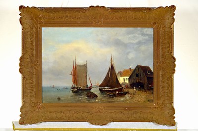 Image 26735673 - Robert Danz, 1841 Oberweißbach-1916 Bad Kreuznach, studied at the Weimar Academy, here: sailing boats on the beach, oil/canvas, signed lower right, approx. 38x57 cm, gold- colored baroque style frame, approx. 54x74 cm