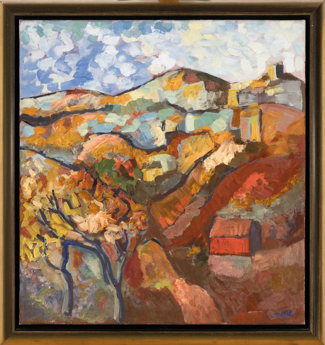Batiste San Roc, 1937-2016, Spanien, Landschaft mit Blick auf eine Ortschaft, Öl/Lwd, re. u. sign., ca. 75x75cm, Rahmen mit Schattenfuge ca. 86x80cm