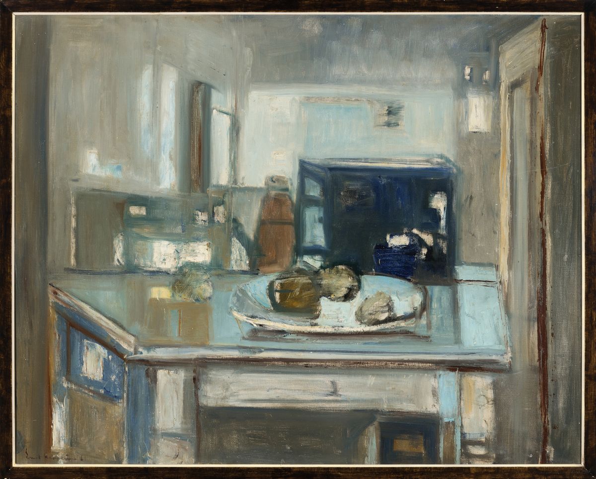 Emil Reichmuth, 1931 San Francisco-2017 Witikon/Schweiz, Interieur mit Stillleben, Öl/Lwd, rest., links unten signiert, ca. 78x97cm, R. ca. 82x100cm