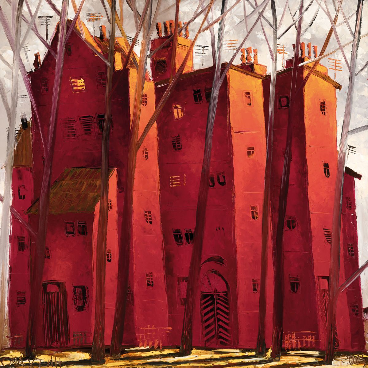 Vladimir Smahtin, geb. 1955 Moskau, lebt und arbeitet in Deutschland, Studium an der Akademie Moskau, hier: Häuser hinter Bäumen, Acryl/Lwd, links ...