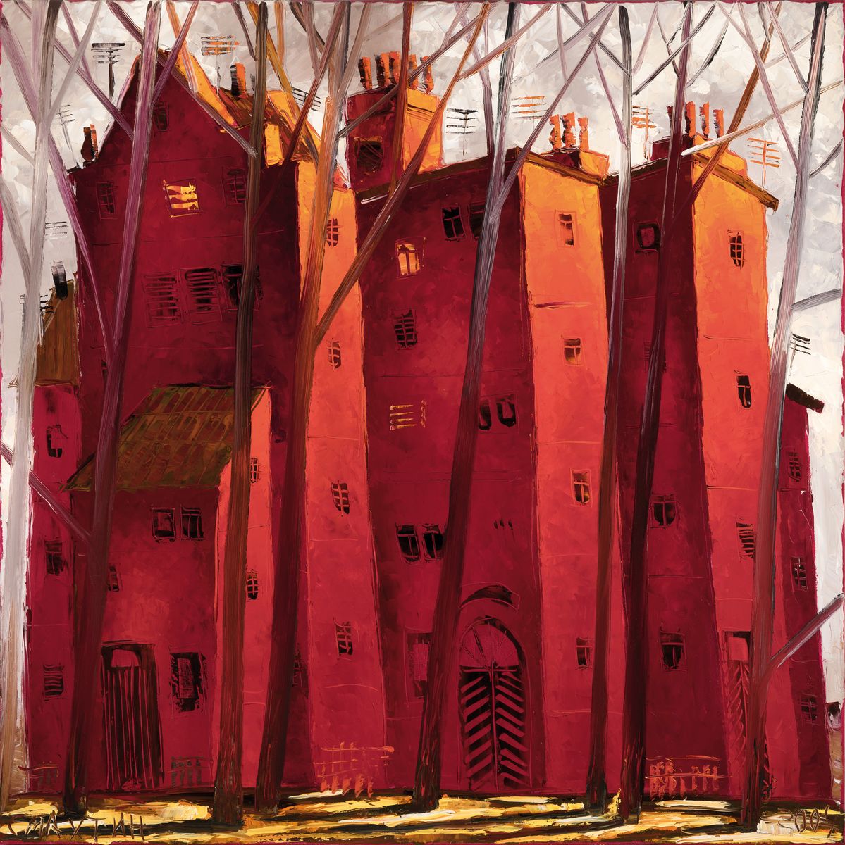 Detail k: Vladimir Smahtin, geb. 1955 Moskau, lebt und arbeitet in Deutschland, Studium an der Akademie Moskau, hier: Häuser hinter Bäumen, Acryl/Lwd, links ...