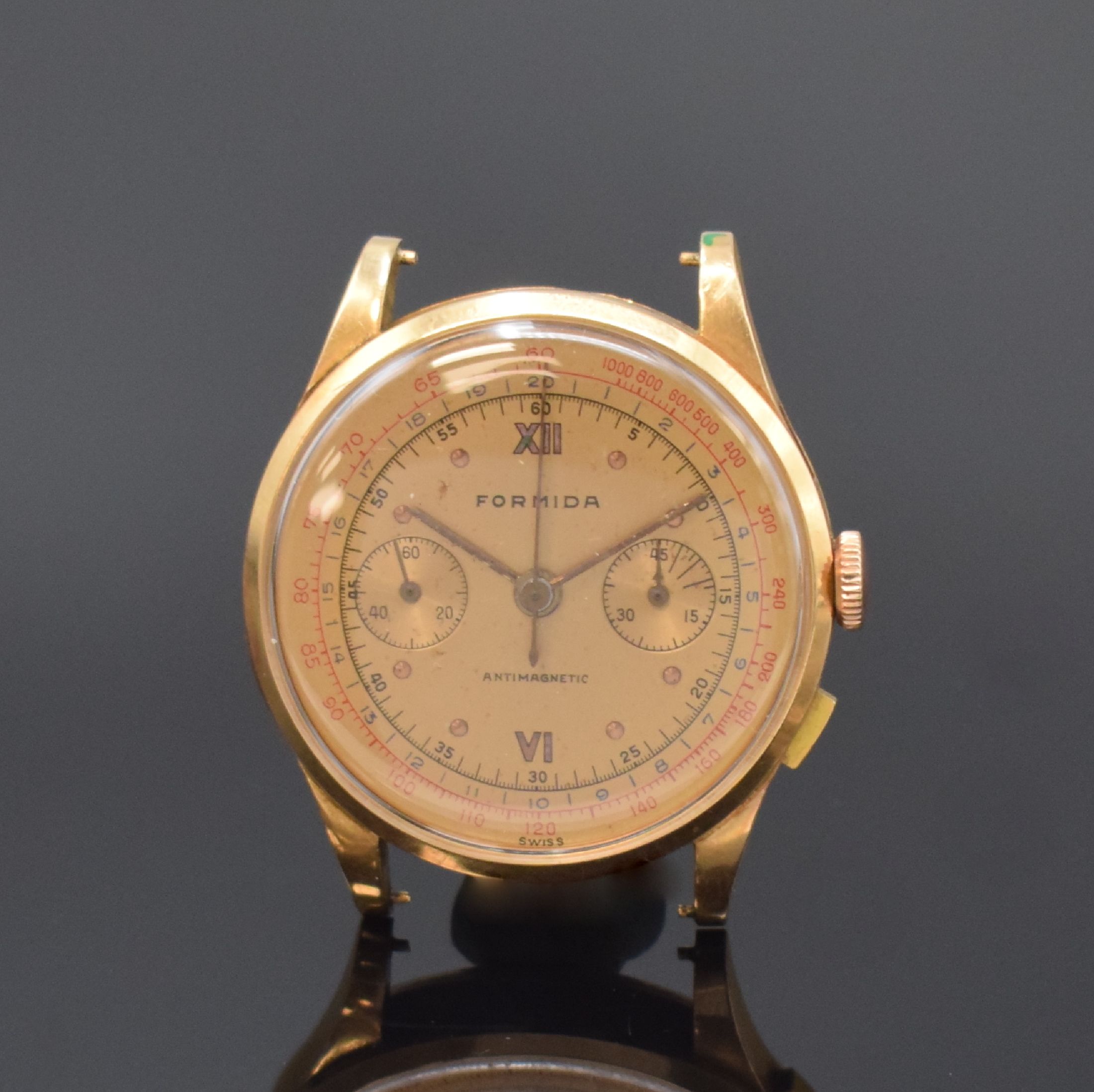 FORMIDA Herrenchronograph in RG 750/000, Schweiz um 1950, Handaufzug, Boden aufgedr., gold., Zifferbl. pat./fl., gold. Std.-Ind. u. Zeiger, 45 ...