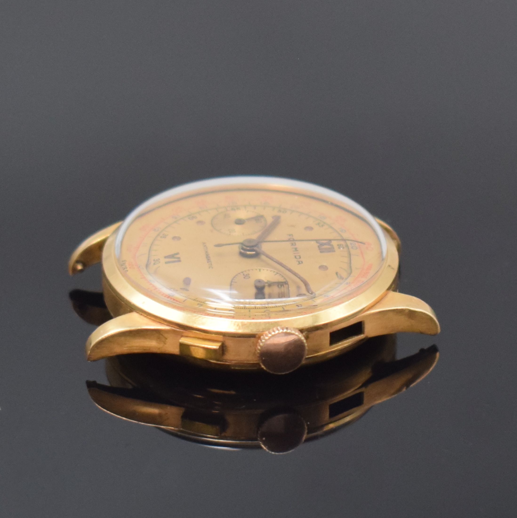 Detail b: FORMIDA Herrenchronograph in RG 750/000, Schweiz um 1950, Handaufzug, Boden aufgedr., gold., Zifferbl. pat./fl., gold. Std.-Ind. u. Zeiger, 45 ...