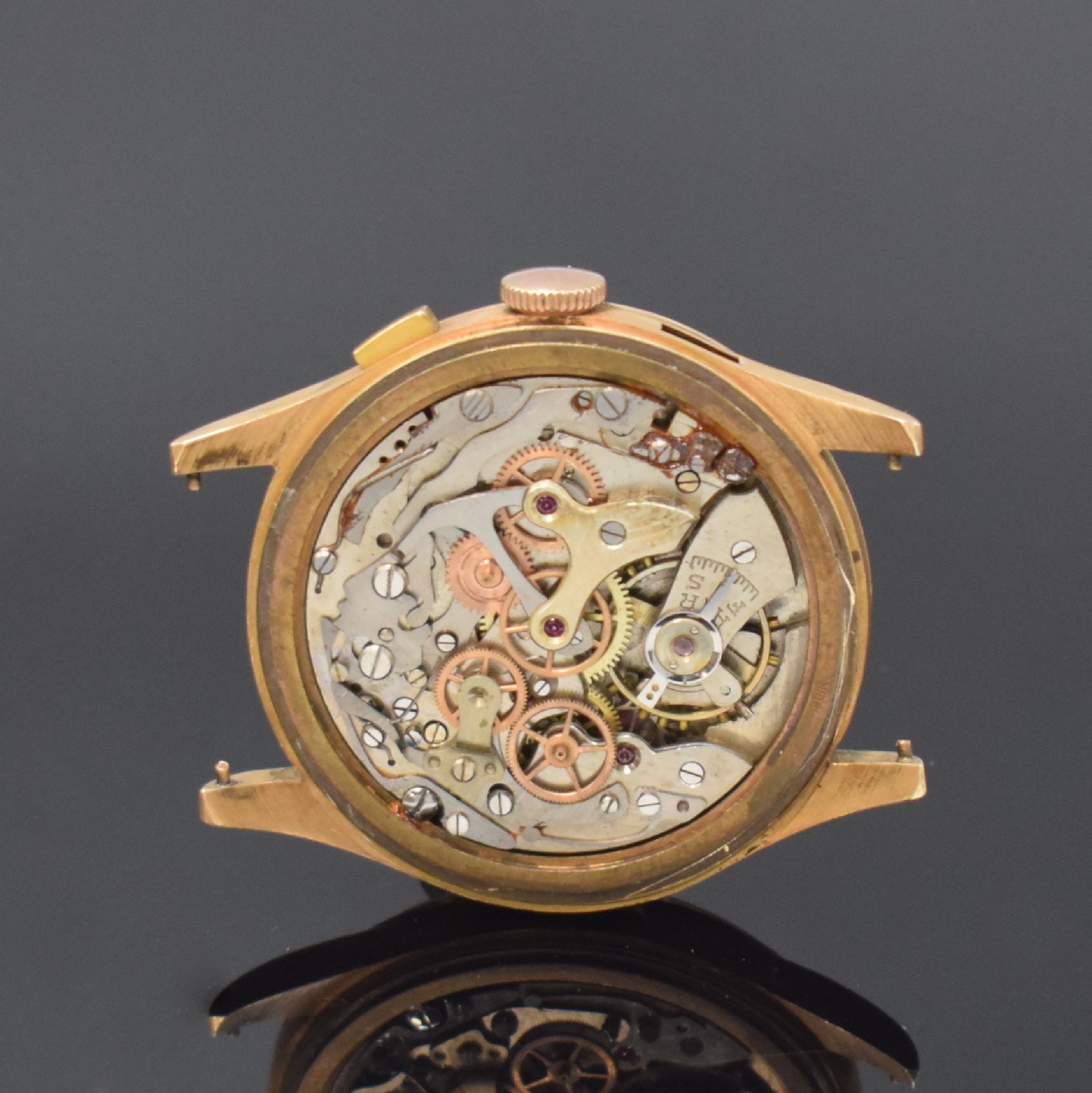 Detail d: FORMIDA Herrenchronograph in RG 750/000, Schweiz um 1950, Handaufzug, Boden aufgedr., gold., Zifferbl. pat./fl., gold. Std.-Ind. u. Zeiger, 45 ...