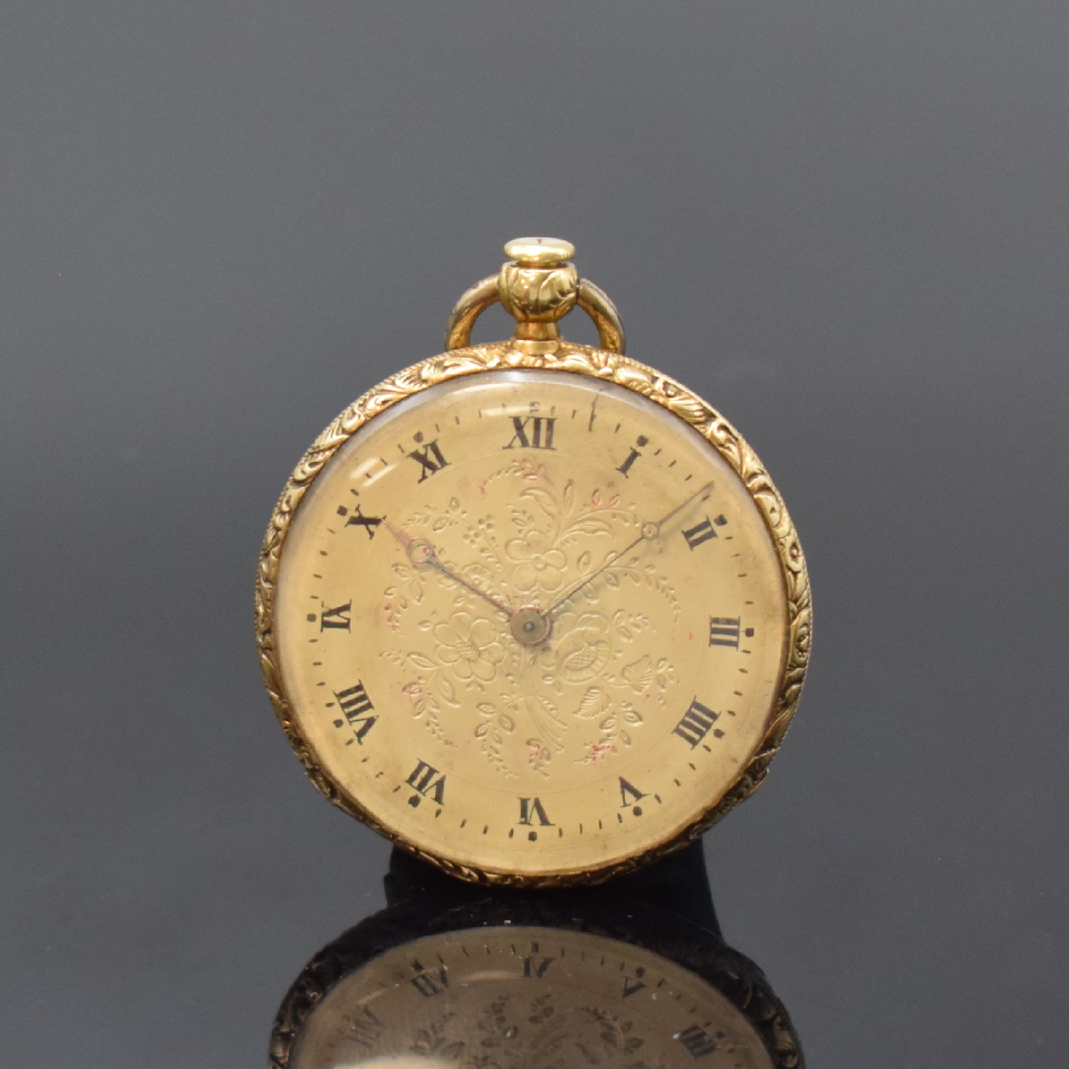 CHARLES OUDIN et fils offene Taschenuhr mit 1/4-Stunden-Repetition in GG 750/000, Schweiz / Frankreich um 1840, Schlüsselaufzug, guill. Geh. dell. ...