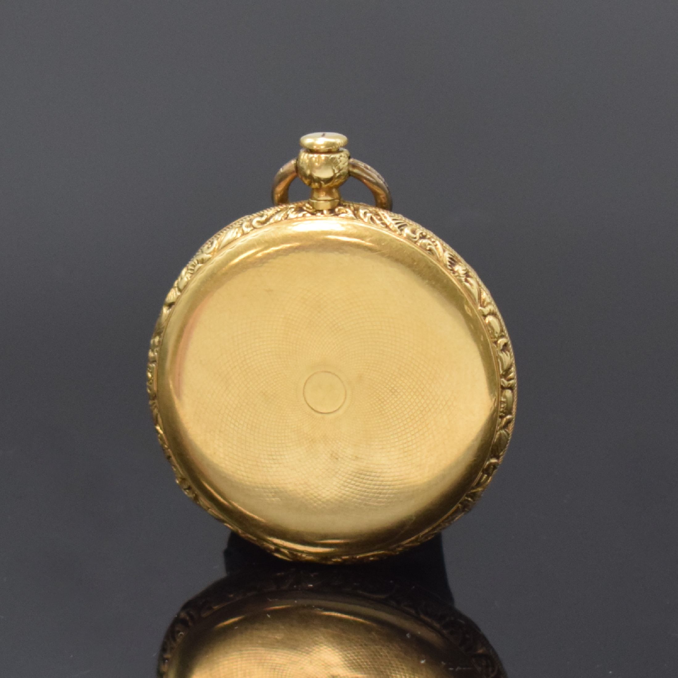 Detail a: CHARLES OUDIN et fils offene Taschenuhr mit 1/4-Stunden-Repetition in GG 750/000, Schweiz / Frankreich um 1840, Schlüsselaufzug, guill. Geh. dell. ...