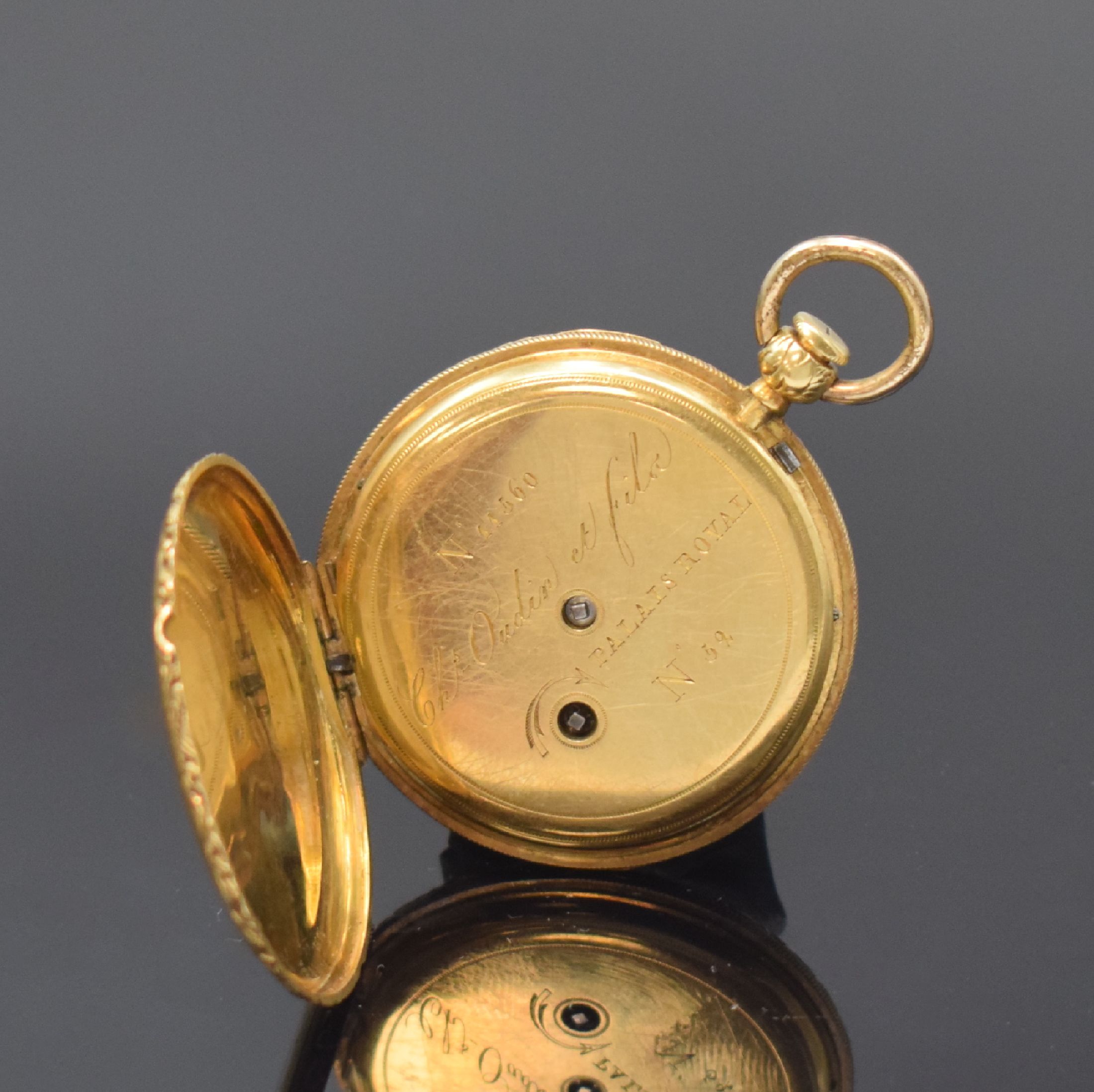Detail c: CHARLES OUDIN et fils offene Taschenuhr mit 1/4-Stunden-Repetition in GG 750/000, Schweiz / Frankreich um 1840, Schlüsselaufzug, guill. Geh. dell. ...