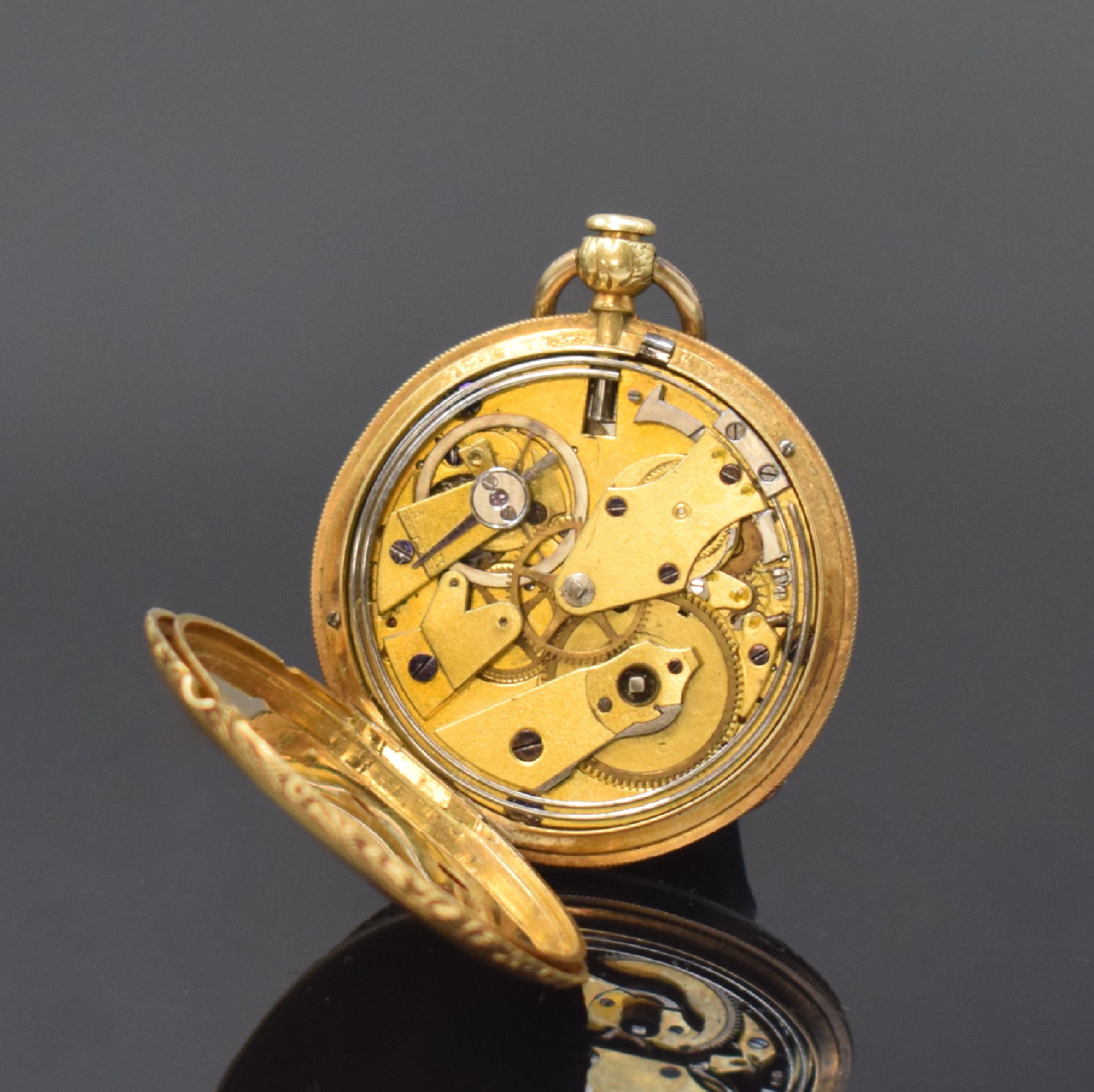 Detail d: CHARLES OUDIN et fils offene Taschenuhr mit 1/4-Stunden-Repetition in GG 750/000, Schweiz / Frankreich um 1840, Schlüsselaufzug, guill. Geh. dell. ...