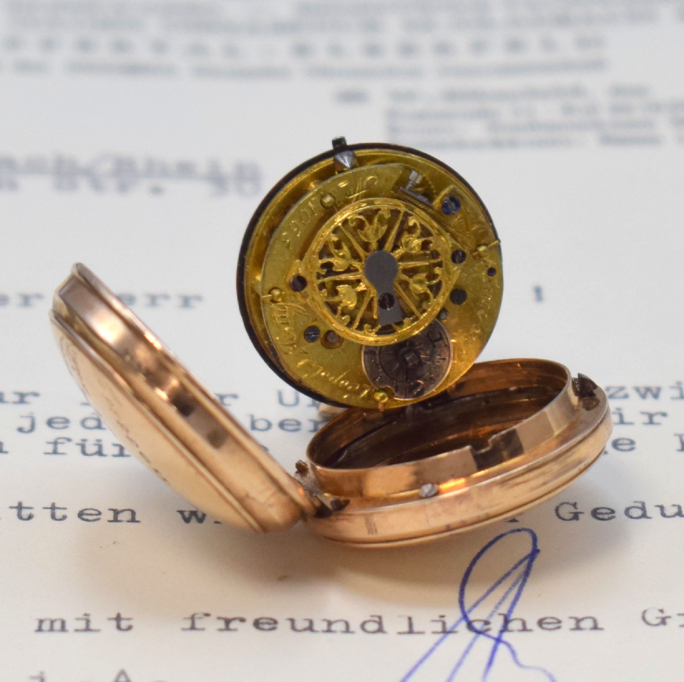 Detail c: LEOPOLD ROTTY in Augsburg seltene kleine Spindeltaschenuhr in RG 585/000, Deutschland um 1800, Schlüsselaufzug, glattes Savonette- Geh. dell., ...