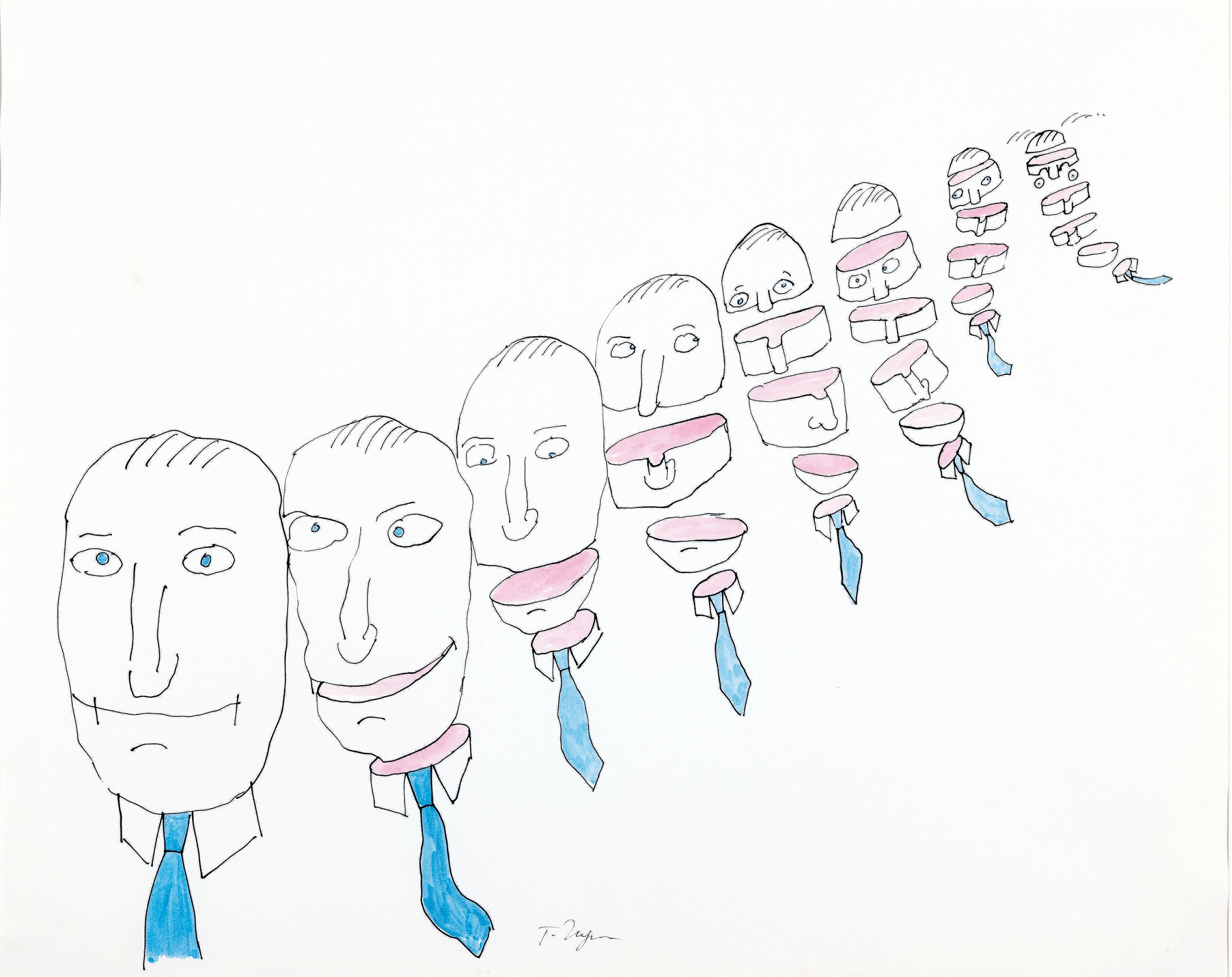 Tomi Ungerer, 1931-2019, sich auflösender Kopf, Tuschfederzeichnung, aquarelliert, mittig unten sign., ca. 48x60cm, PP, u.Gl., R. ca. 65x80cm