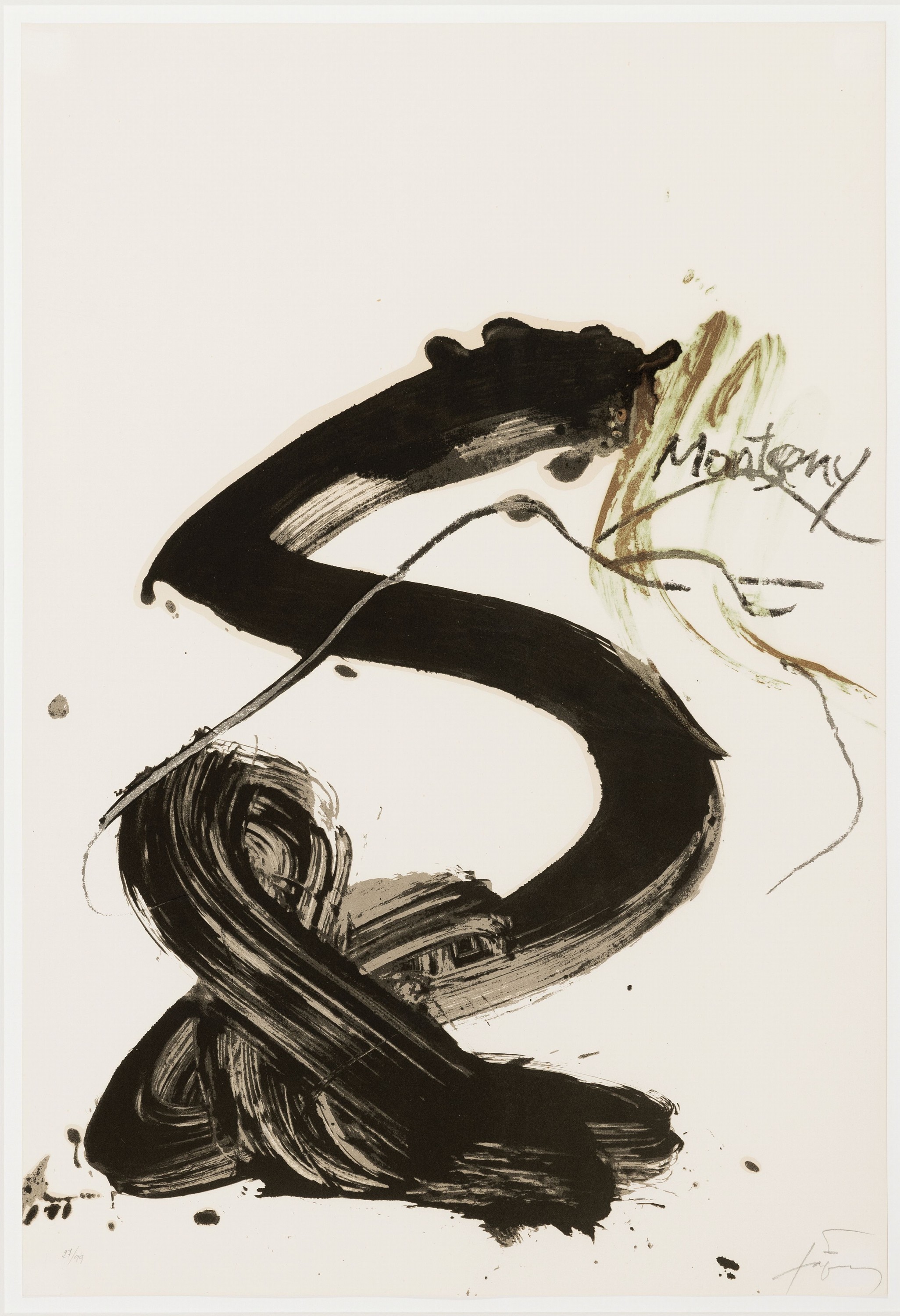 Antoni Tapies, 1923-2012, Montseny, Lithographie in schwarz und grün, re. u. handsign., num. 27/99, ca. 63x43cm, PP, u.Gl., R. ca. 88x66cm