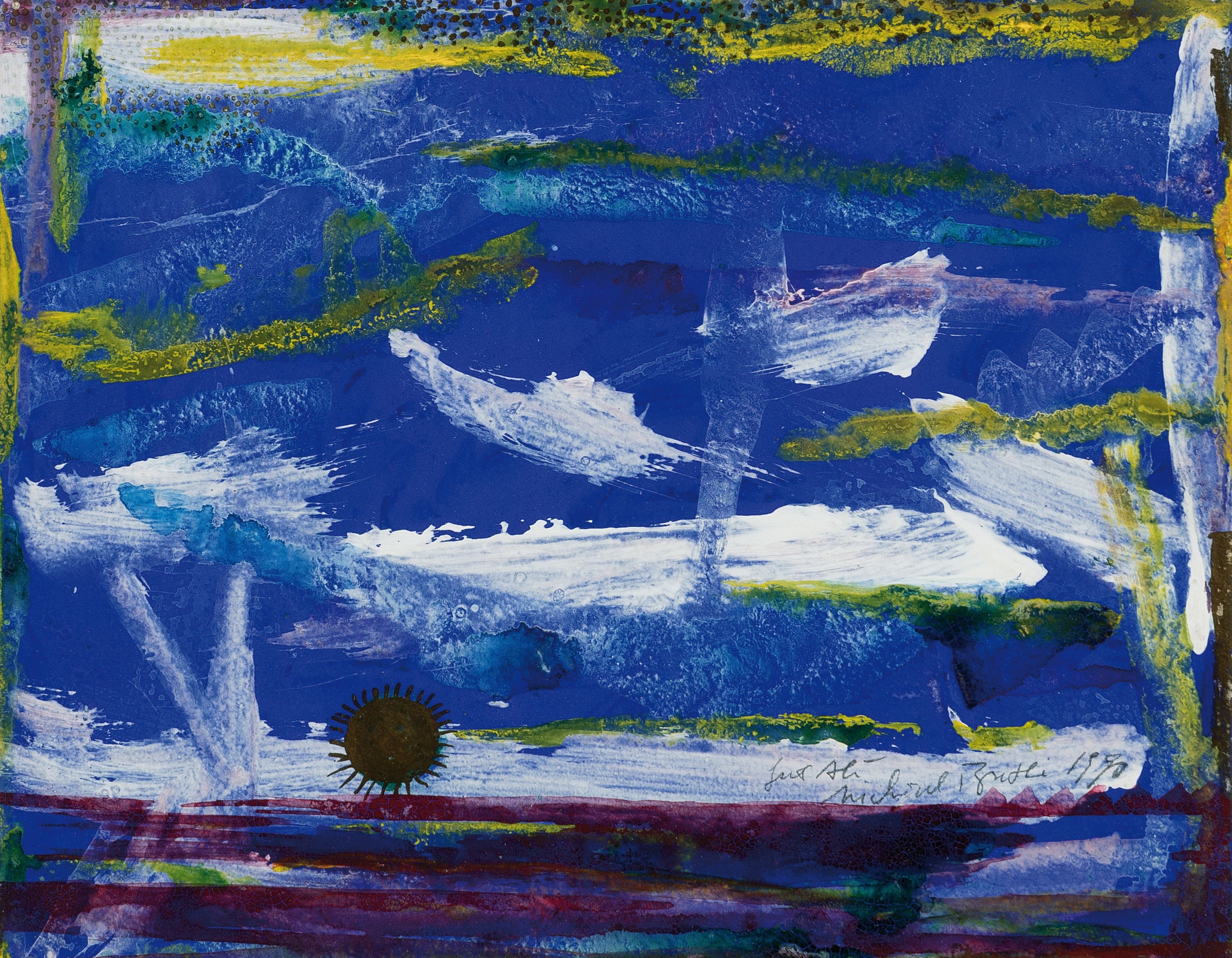 Michael Buthe, 1944-1994, Landschaft, Gouache und Gold auf Papier, sign.: für Ali Michael Buthe 1970, ca. 19x24 cm, PP, u.Gl., R. ca. 37.5x41.5cm
