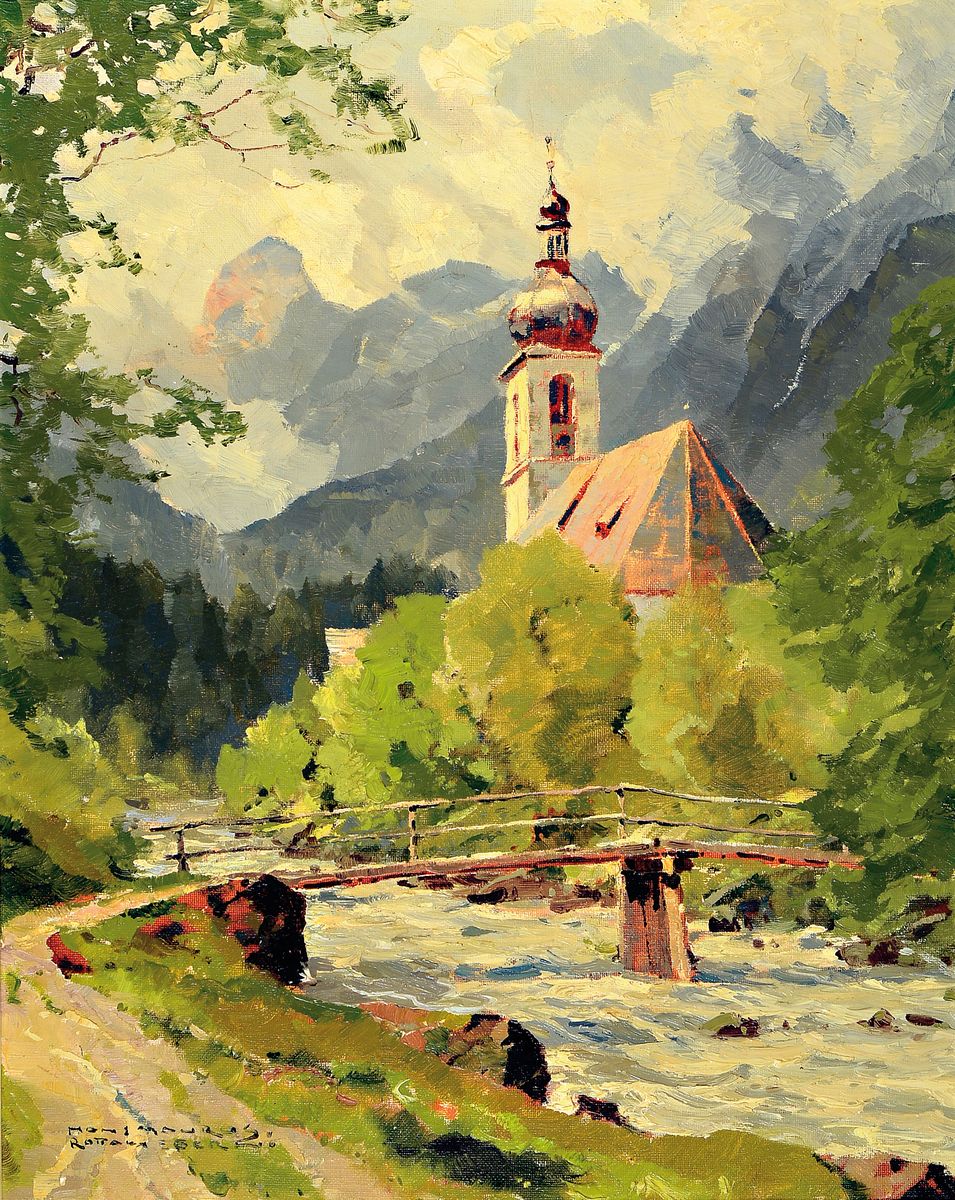 Hanns Maurus, 1901-1942, Pfarrkirche St. Sebastianus Ramsau, signiert und bezeichnet "Rottach-Egern", Öl/Lwd, ca. 50x40cm, R. ca. 63x53cm