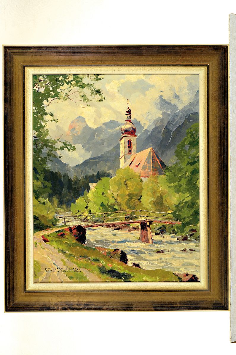 Detail k: Hanns Maurus, 1901-1942, Pfarrkirche St. Sebastianus Ramsau, signiert und bezeichnet "Rottach-Egern", Öl/Lwd, ca. 50x40cm, R. ca. 63x53cm
