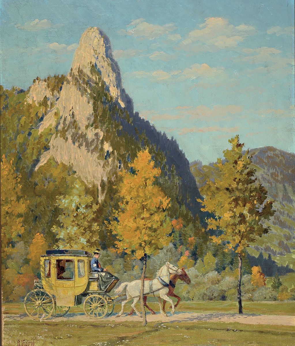 Otto Kubel, 1868 Dresden-1951 München, Postkutsche am Kofel bei Oberammergau, Öl/Holz, links u. sign., ca. 65x54cm, R. ca. 76x65cm