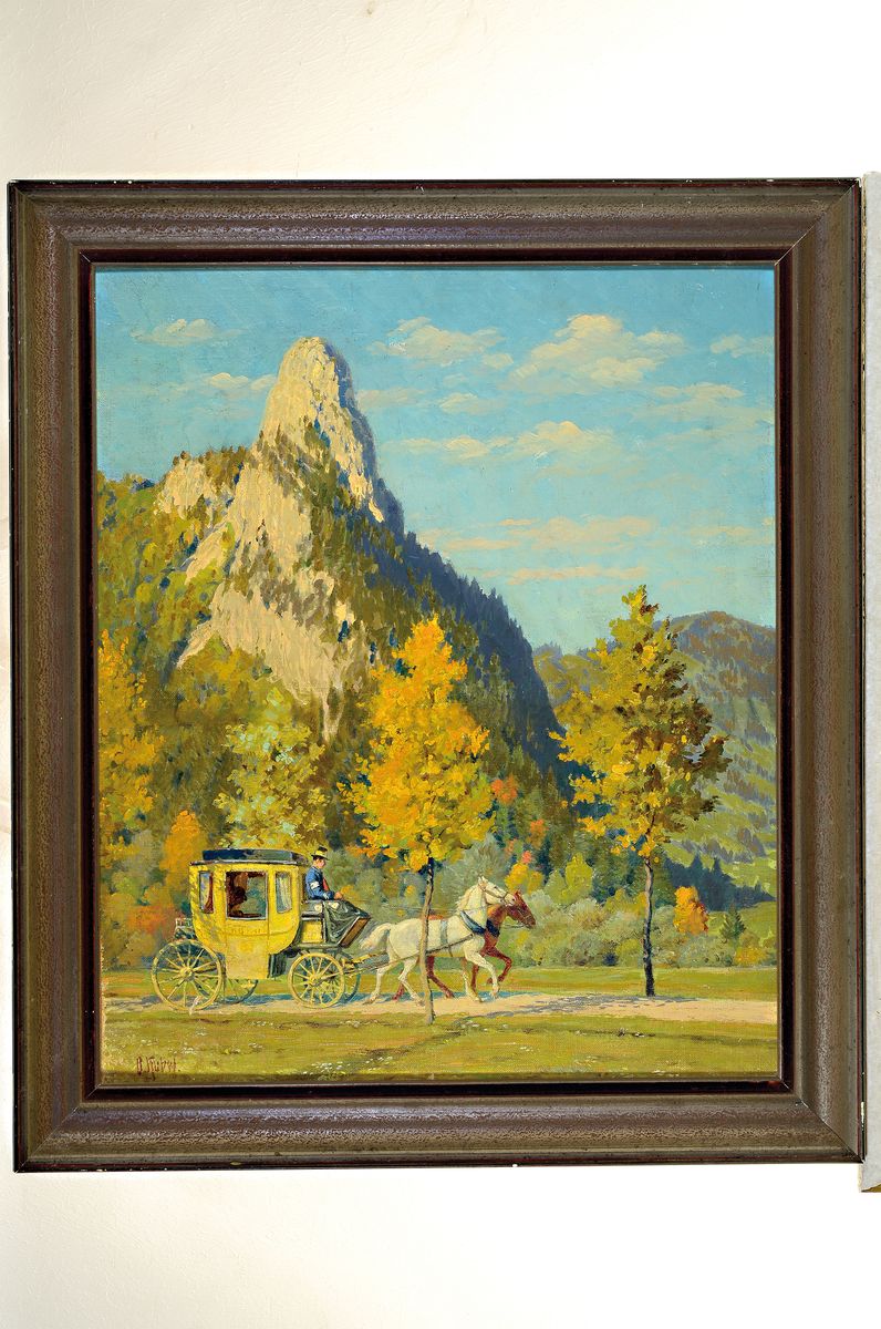 Detail k: Otto Kubel, 1868 Dresden-1951 München, Postkutsche am Kofel bei Oberammergau, Öl/Holz, links u. sign., ca. 65x54cm, R. ca. 76x65cm