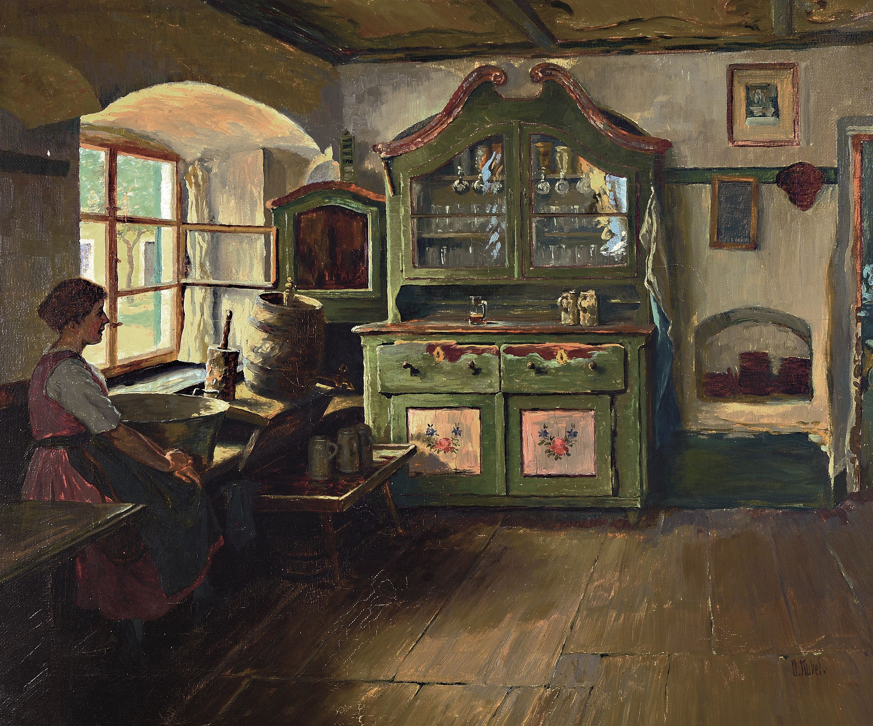 Otto Kubel, 1868 Dresden-1951 München, Interieur, Junge Frau in der Bauernstube, Öl/ Lwd, rechts unten signiert, ca. 54x66cm, R. ca. 61x72cm