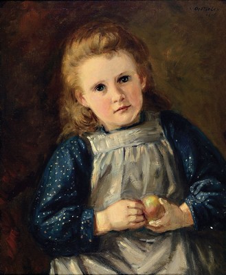 Image 26736162 - Carl August Heinrich Ferdinand Osterley, 1839 Göttingen-1903 Hamburg, portrait of a girl with apple, oil/painting cardboard, signed upper right and illegally dated, approx. 50x41cm, frame approx. 65x57cm
