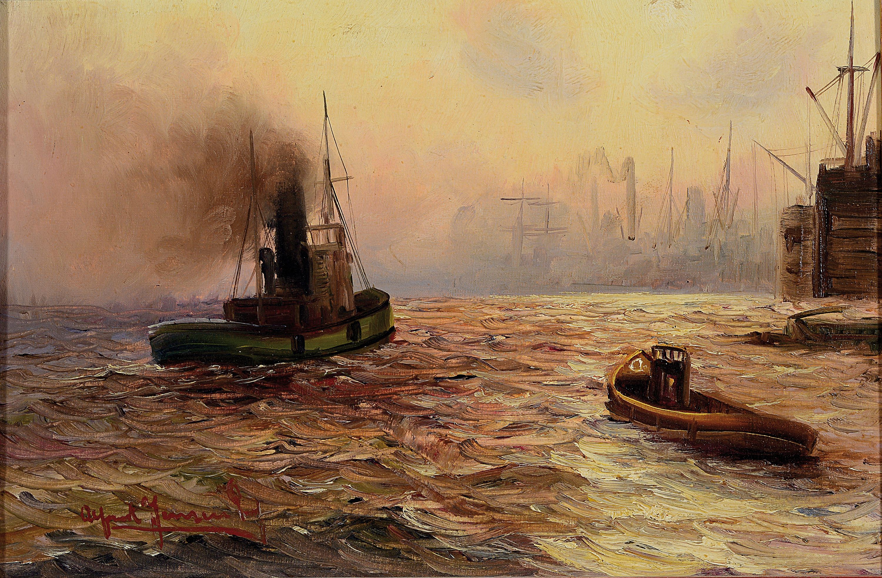Alfred Jensen, 1859 Randers-1935 Hamburg, Morgenstimmung im Hamburger Hafen, Öl/Lwd, links unten sign., ca. 25x37cm, R. ca. 32x43cm