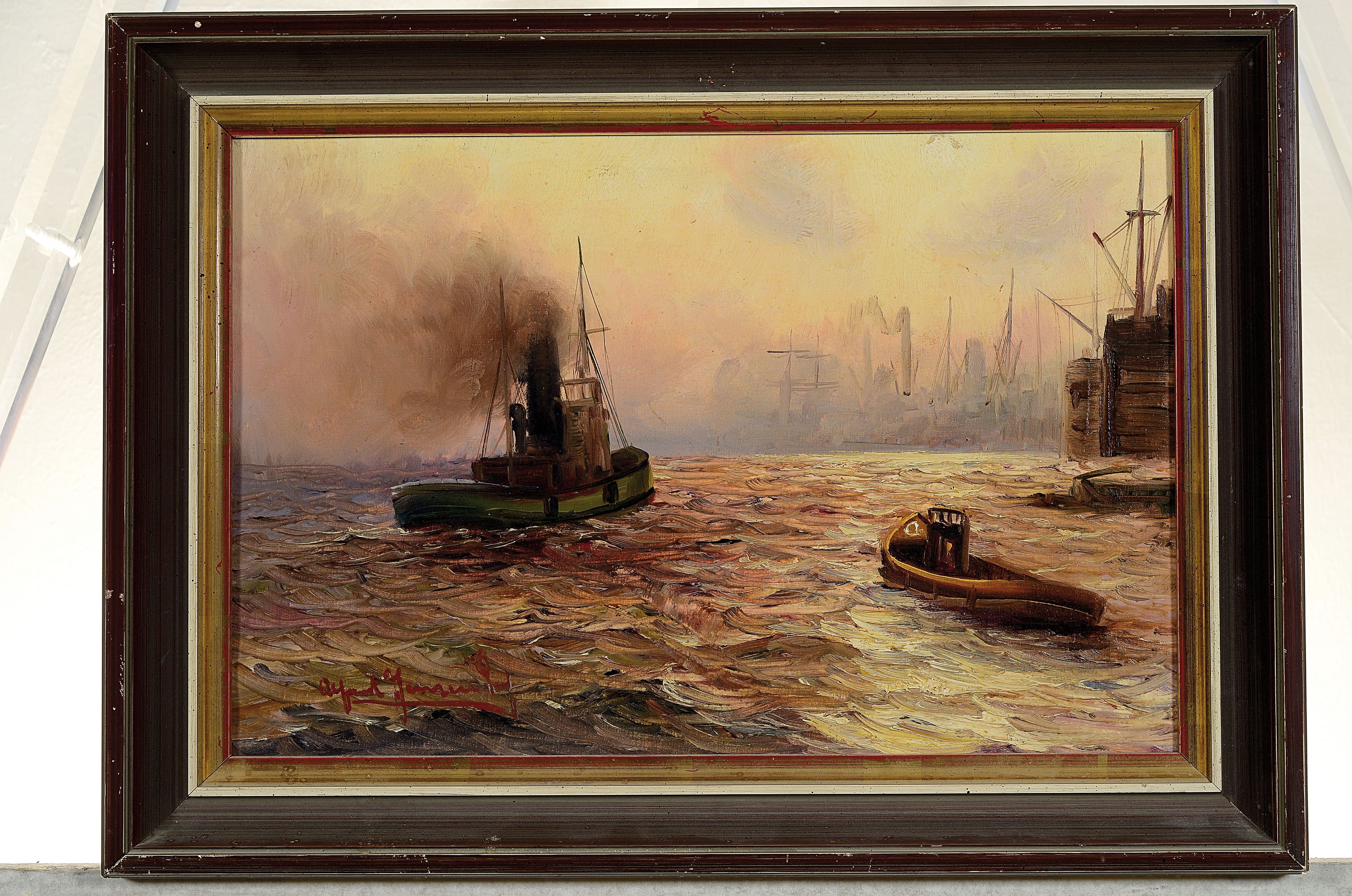 Detail k: Alfred Jensen, 1859 Randers-1935 Hamburg, Morgenstimmung im Hamburger Hafen, Öl/Lwd, links unten sign., ca. 25x37cm, R. ca. 32x43cm