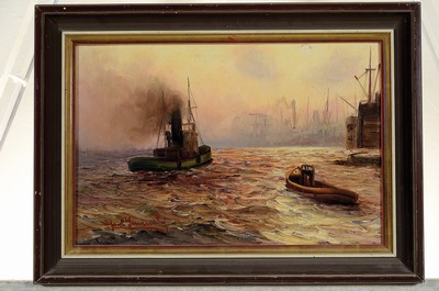 26736292k - Alfred Jensen, 1859 Randers-1935 Hamburg, morning mood in the port of Hamburg, oil/canvas, lower left sign., approx. 25x37cm,frame approx. 32x43cm