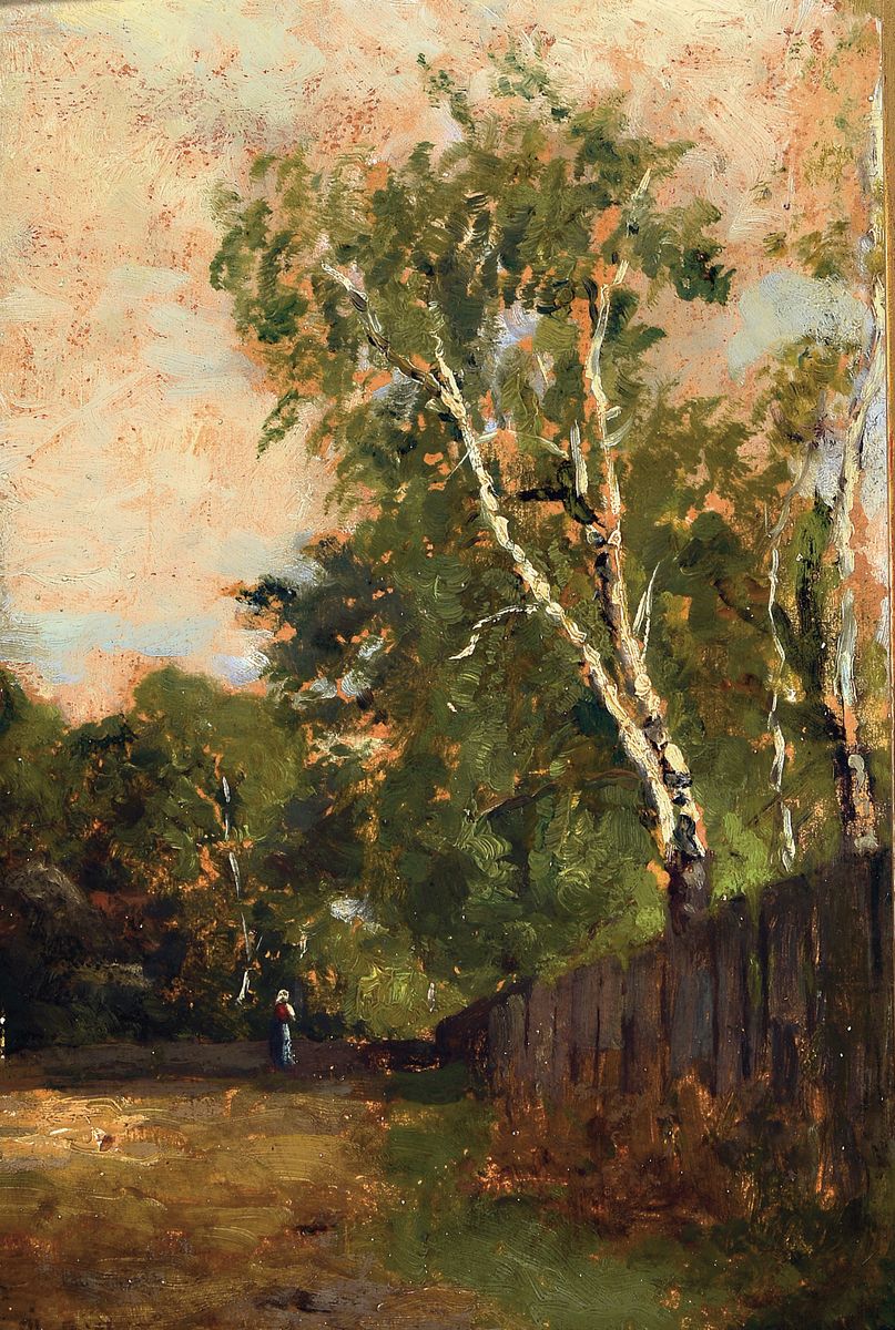 Philipp Röth, 1841 Darmstadt-1921 München, Birken am Wegrand hinter einem Zaun, Öl/ Malkarton, links unten sign., ca. 31x21cm, R. ca. 43x33cm