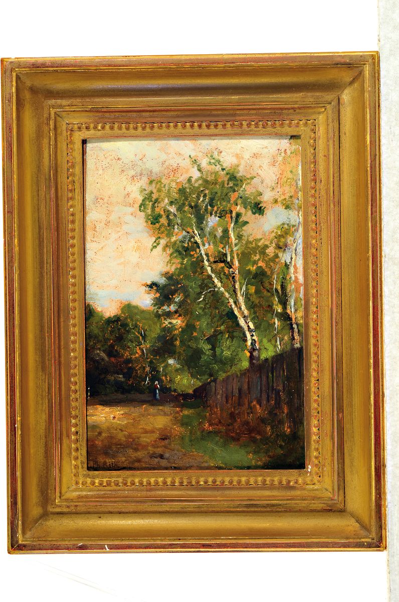 Detail k: Philipp Röth, 1841 Darmstadt-1921 München, Birken am Wegrand hinter einem Zaun, Öl/ Malkarton, links unten sign., ca. 31x21cm, R. ca. 43x33cm
